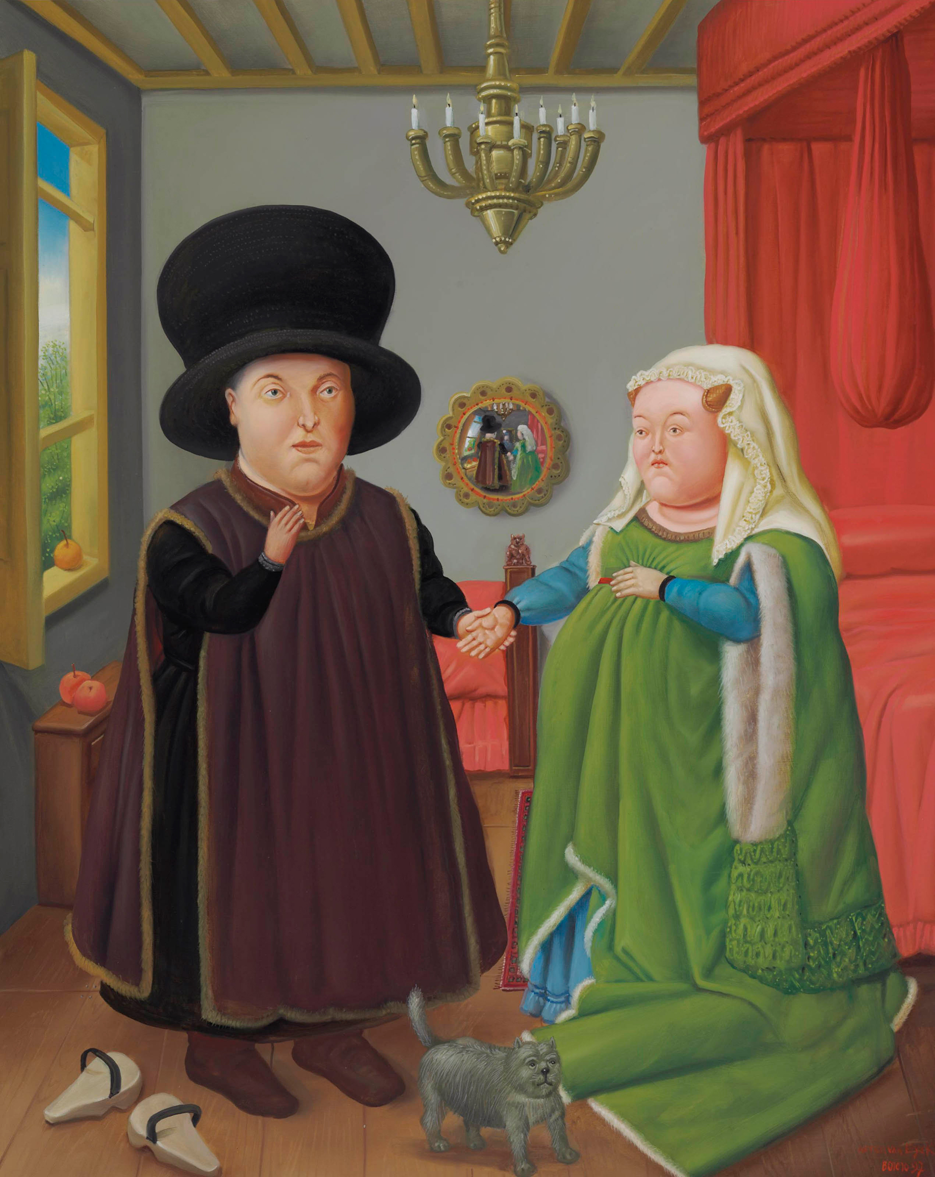 Fernando Botero (Colombian b. 1932), The Arnolfini (after Van Eyck), 1997. Oil on canvas. 52¾ x 42 in (134 x 106.7 cm). Sold for $842,500 on 22-23 May 2012 at Christie’s in New York. Artwork: © Fernando Botero, reproduced by permission