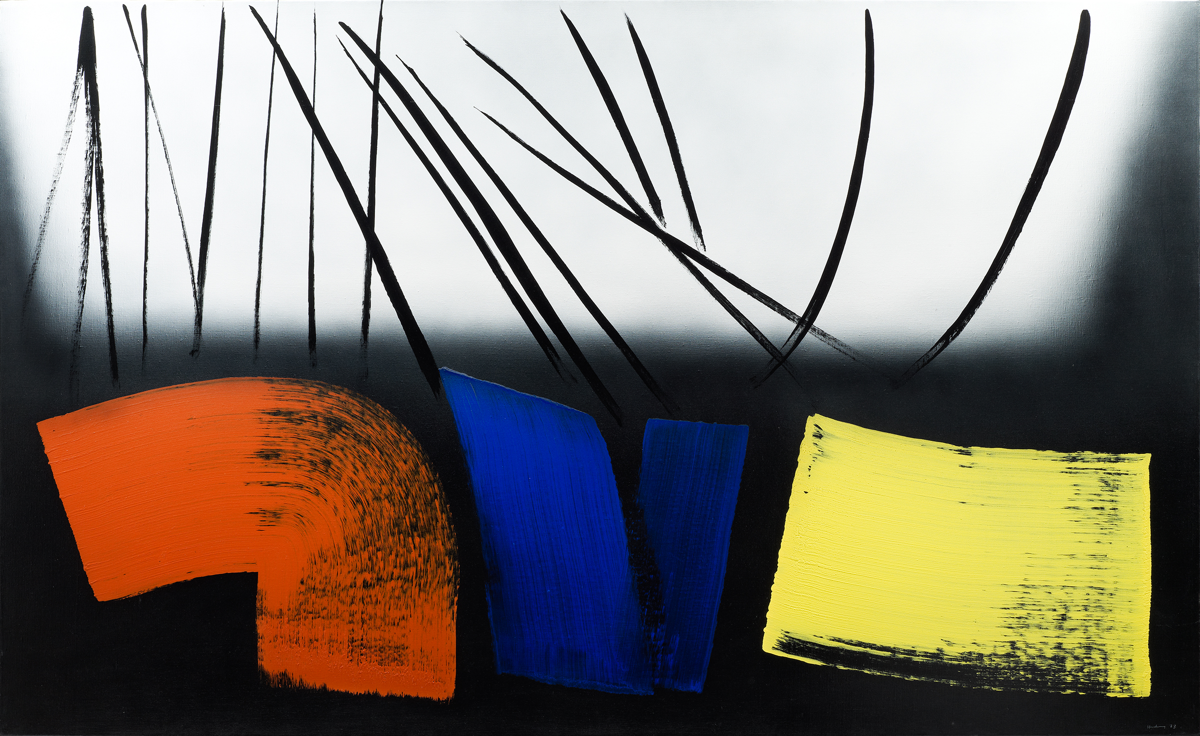 Hans Hartung (1904-1989), T1973-E12, 1973. 154 x 250 cm. Acrylic on canvas. Fondation Gandur pour l’Art, Genève. © ADAGP, Paris, 2020. Photo: Sandra Pointet