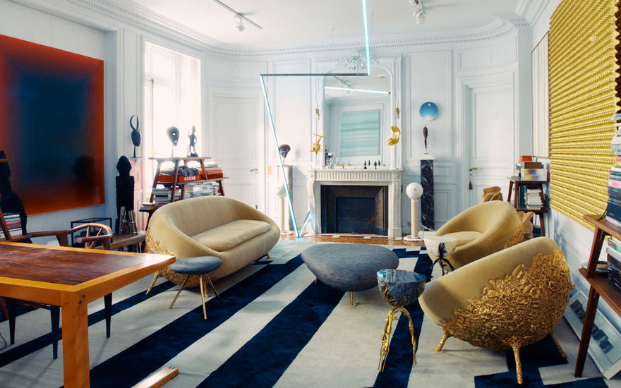 John Dodelande’s sitting room includes works by Wang Guangle, Alexandre Kolinka, Lin Tianmiao, Li Shurui and He Xiangyu, as well as furniture by Campana Brothers. Artworks: Wang Guangle, 121030, 2012 © Wang Guangle, courtesy Pace Gallery. Courtesy of Alexandre Kolinka/www.lightsonic.world. © Lin Tianmiao; © Li Shurui, courtesy the artist; New Galerie, Paris; White Space Beijing. © He Xiangyu