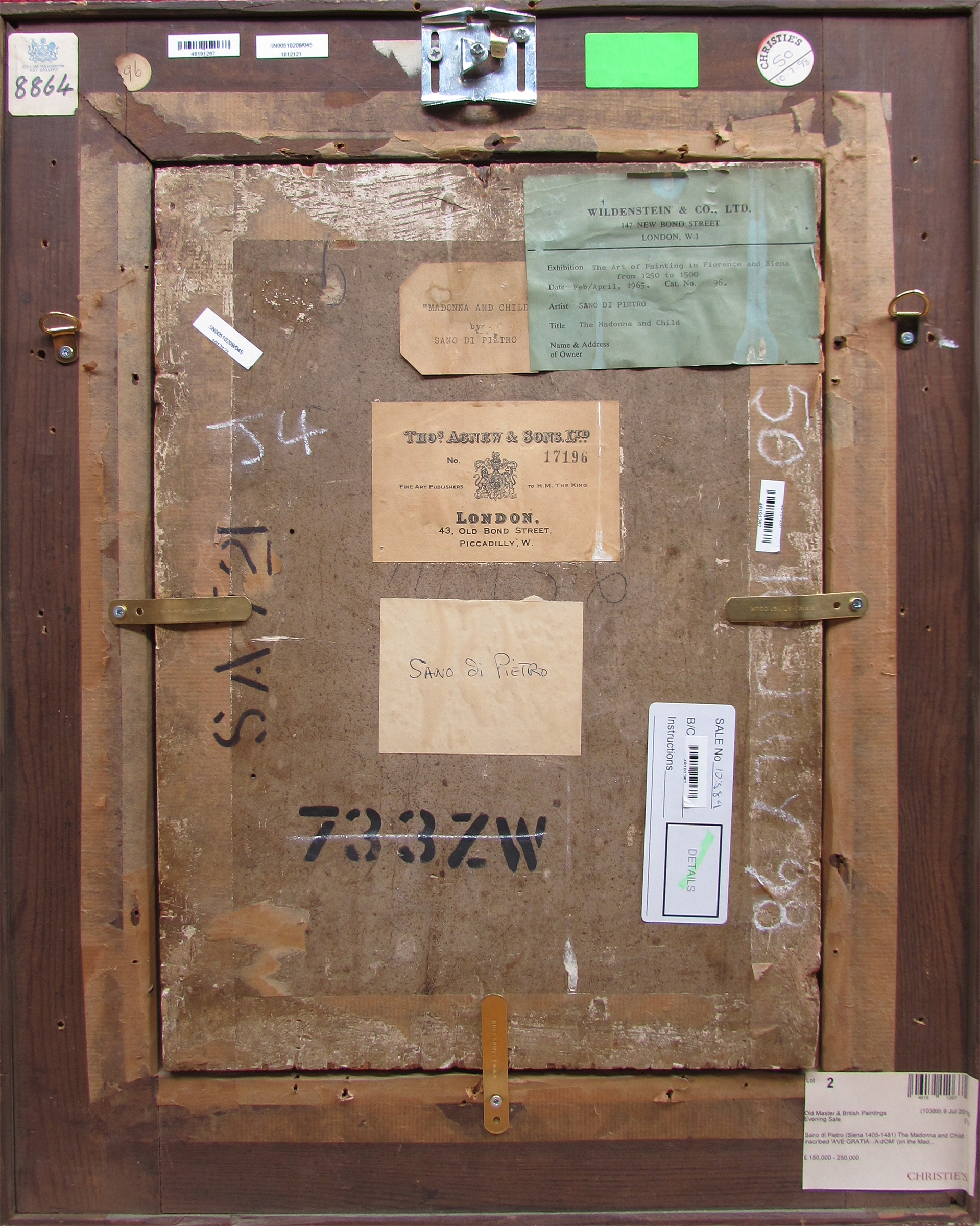 Stencils and labels, including those of London dealer Thomas Agnew & Sons on the back of the gold ground panel The Madonna and Child by Sano di Pietro