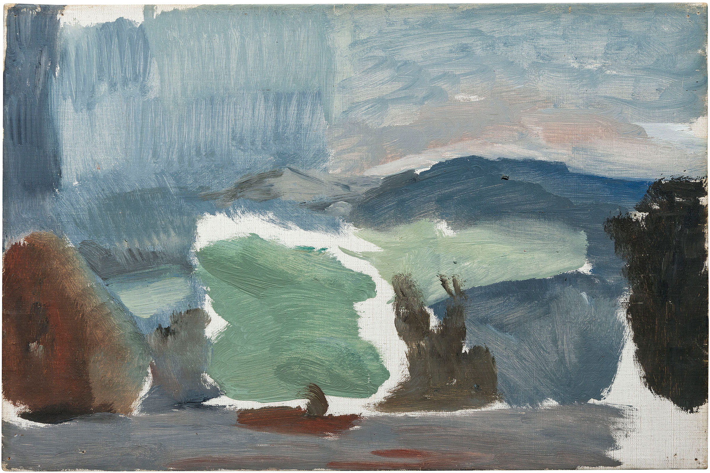 艾冯&middot;希金斯(1893-1979)，《山丘和昏暗的天空：丘陵降雨》。油彩 画布。12&frac12; x 18&frac12;吋(31.7 x 47 公分)。2020年1月23日于佳士得伦敦售出，成交价32,500英镑。艺术品：&copy; The Estate of Ivon Hitchens。版权所有，DACS 2020