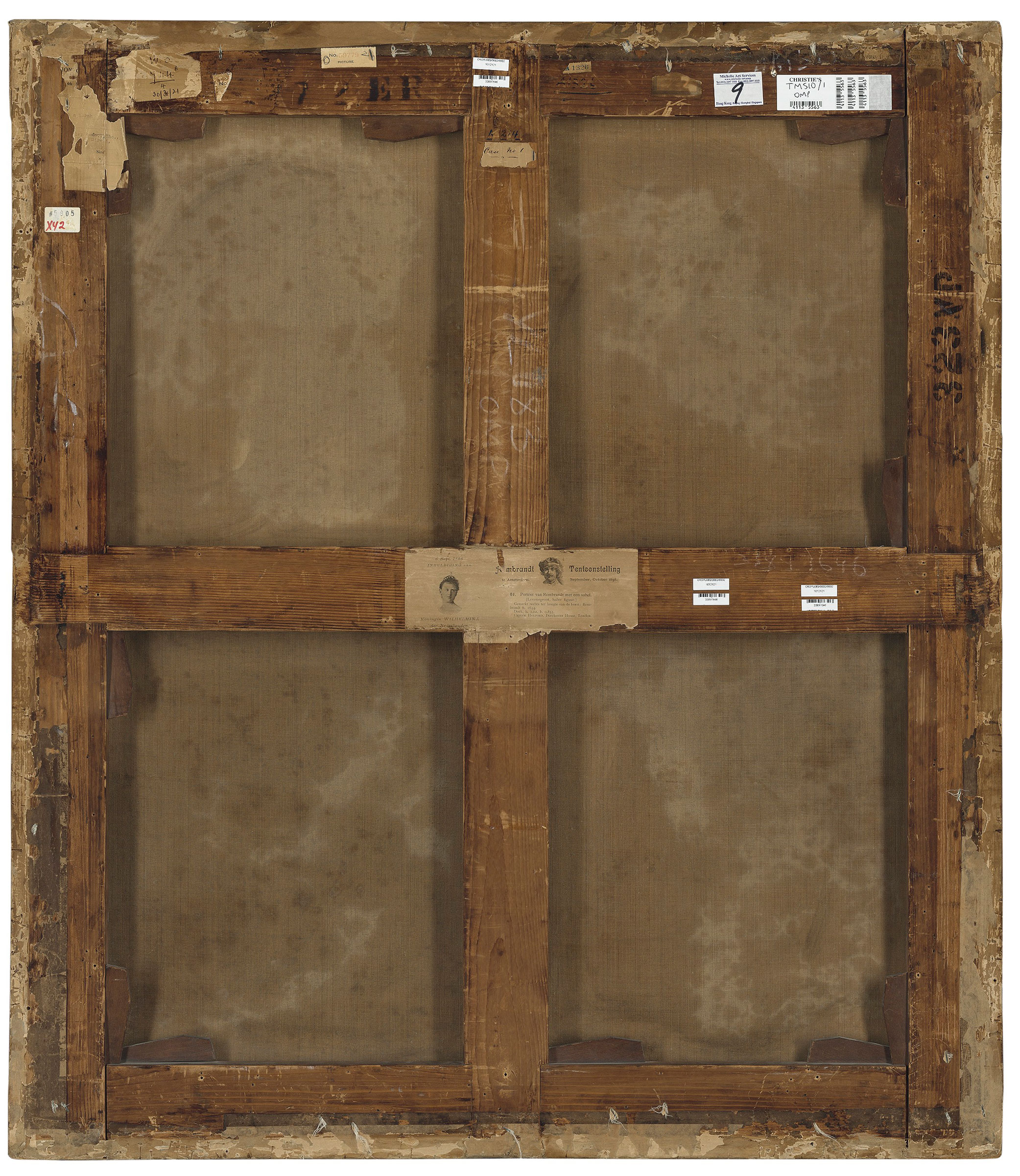 The reverse of Man with a Sword, 1644, by Rembrandt Harmensz. van Rijn and Studio, shows its auction stencils, and in the centre, an 1898 Amsterdam exhibition label