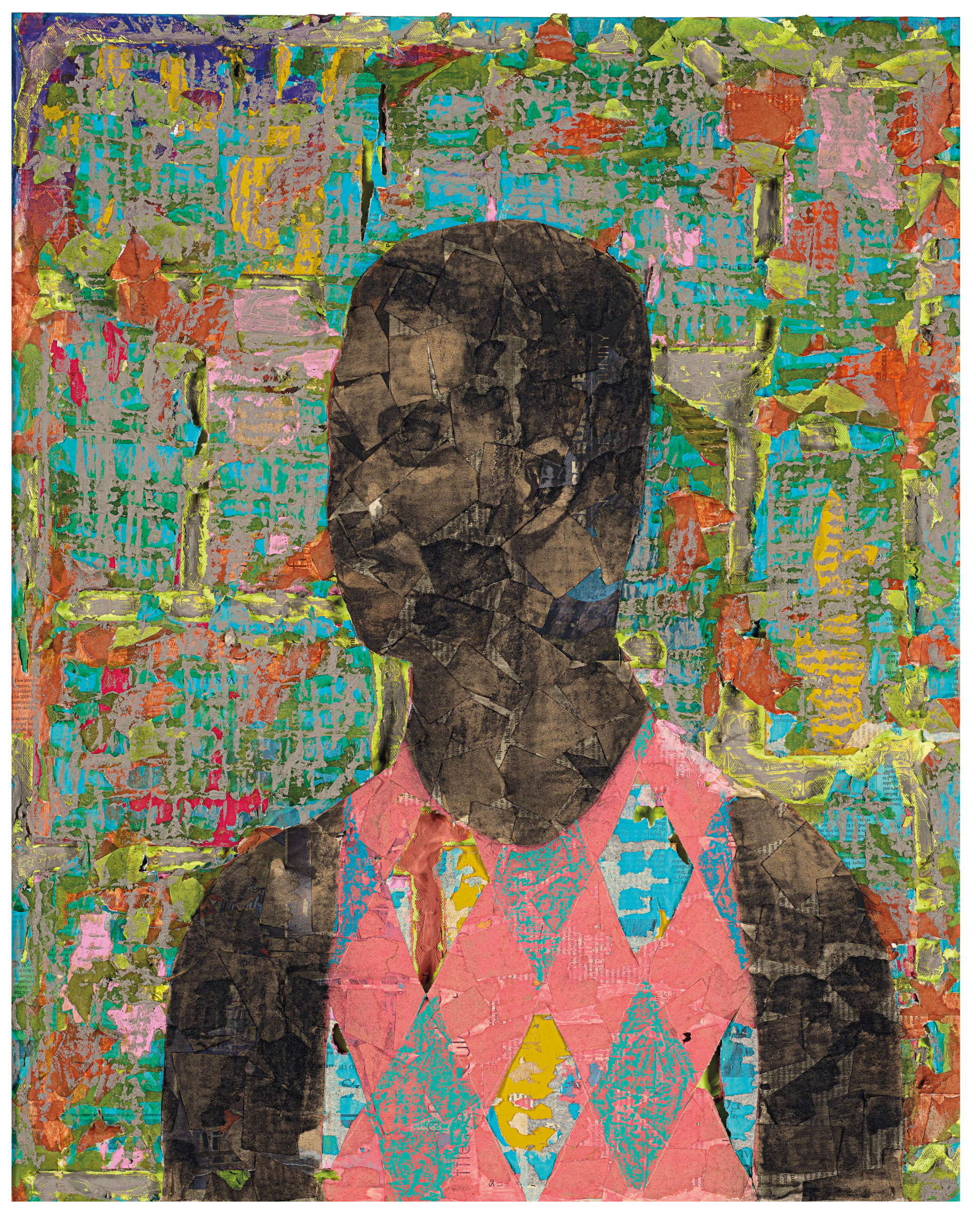 Derek Fordjour (b. 1974), No. 93, 2018. Oil pastel, charcoal, acrylic, cardboard and newspaper mounted on canvas. 30 x 24 in (76.2 x 61 cm). Sold for: $81,250 on 5 March 2020 at Christie&rsquo;s in New York