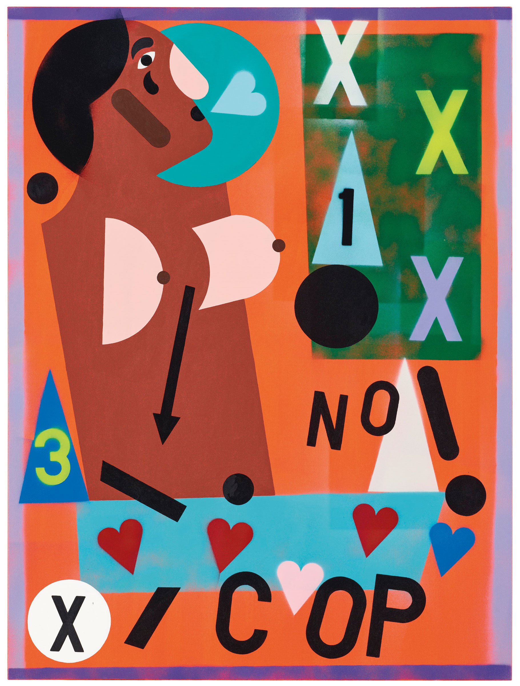 Nina Chanel Abney (b. 1982), Untitled (XXX NO! COP), executed in 2014. Acrylic and spray paint on canvas. 48 x 36 in (121.9 x 91.4 cm). Sold for: $125,000 on 5 March 2020 at Christie’s in New York