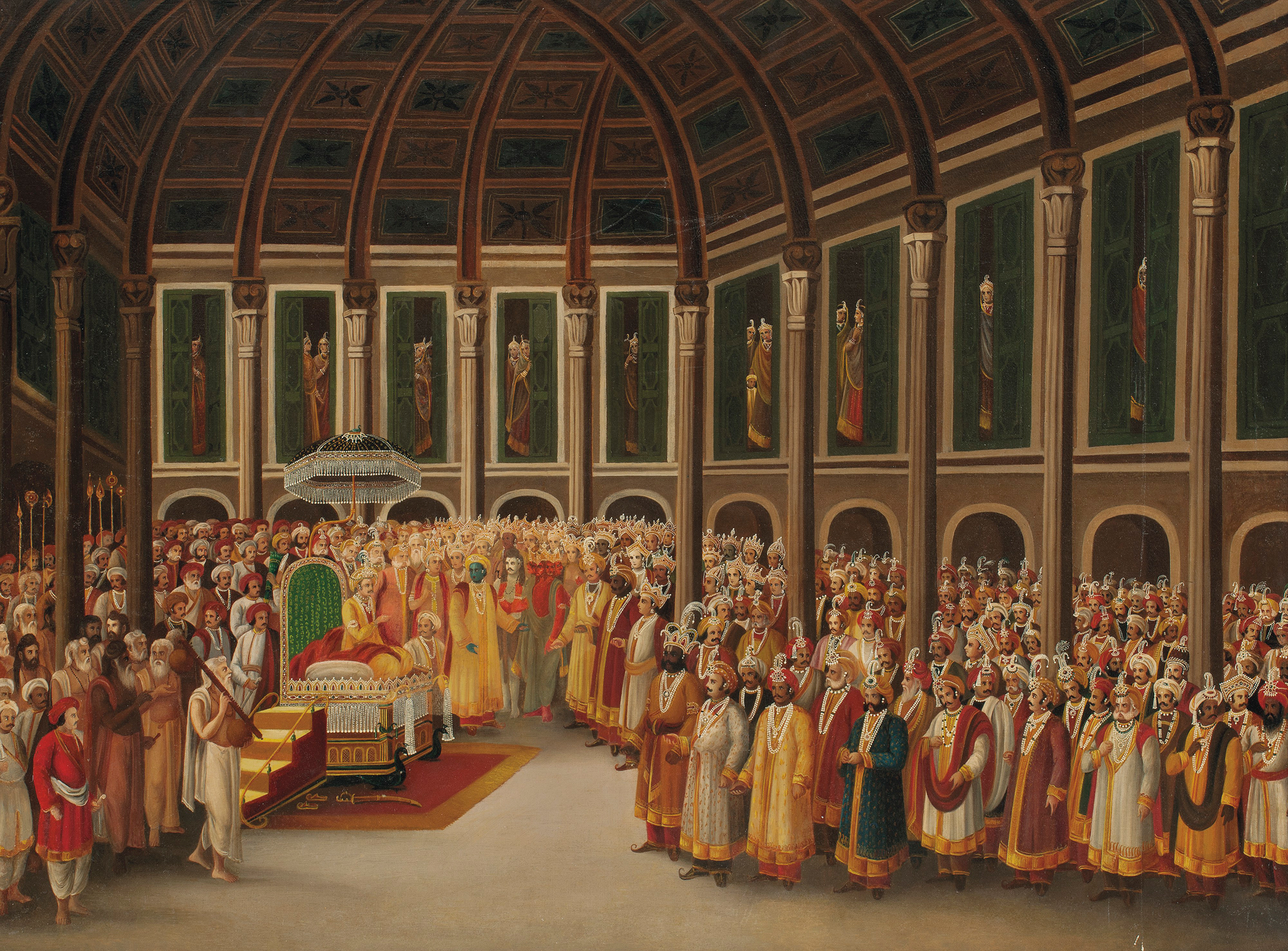 Anonymous, Early Bengal School, Untitled (Court Scene with Shiva, Brahma and Krishna), circa late 19th century. Oil on canvas. 30 x 41 in (76.2 x 104.1 cm). Estimate: $20,000-30,000. Offered in A Lasting Engagement: The Jane and Kito de Boer Collection on 23 September at Christie’s in New York