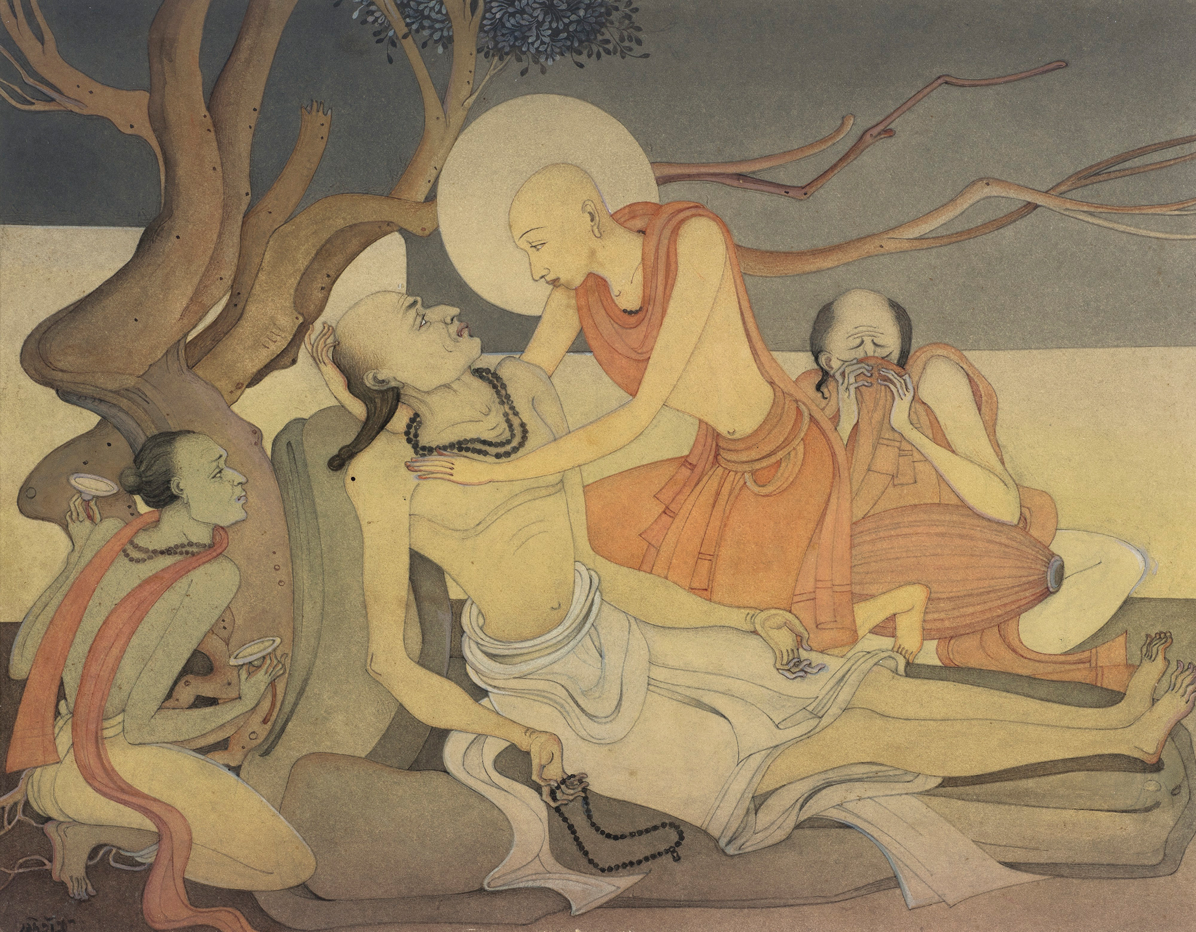 Kshitindranath Mazumdar (1891-1975) Death of Sadhu Haridas. Watercolour on paper laid on board. 10 x 13 in (27.6 x 34.9 cm). Estimate: $15,000-25,000. Offered in A Lasting Engagement: The Jane and Kito de Boer Collection on 23 September at Christie’s in New York