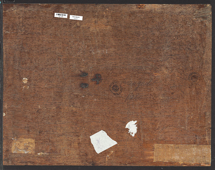 The reverse of a 16th-century oil painting panel showing the brand of the city of Antwerp — a pair of hands above a castle. The mark dates from 1617, when new regulations drawn up by the Antwerp Joiners’ Guild stated ‘every joiner is from now on obliged to punch his mark on frames and panels made by him, on pain of a fine of three guilders’