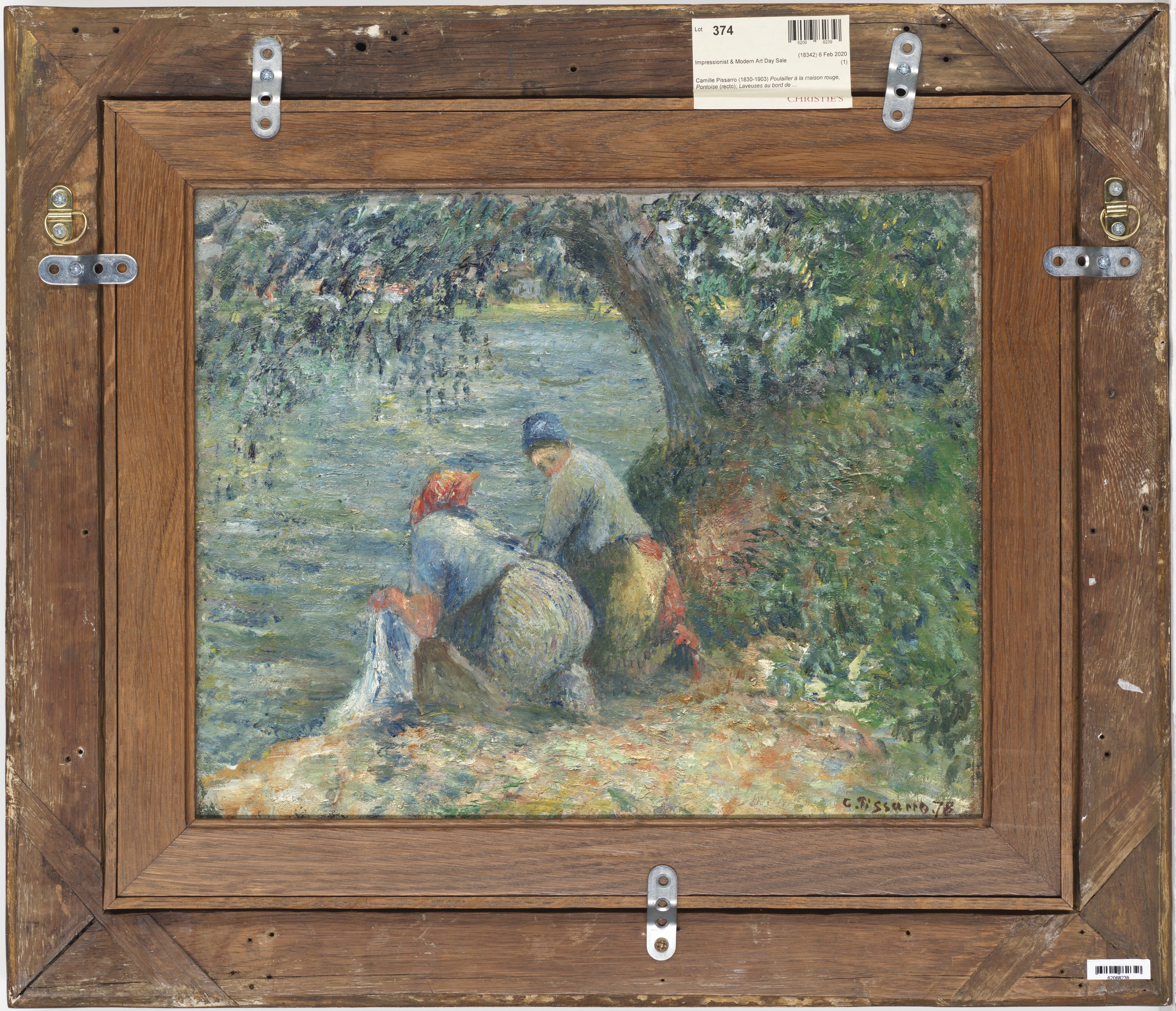 Set into the back (verso) of Pissarro's 1878 scene of farmyard birds is another work entirely, a depiction of two women washing laundry: Laveuses au bord de l'eau, Pontoise from the same year