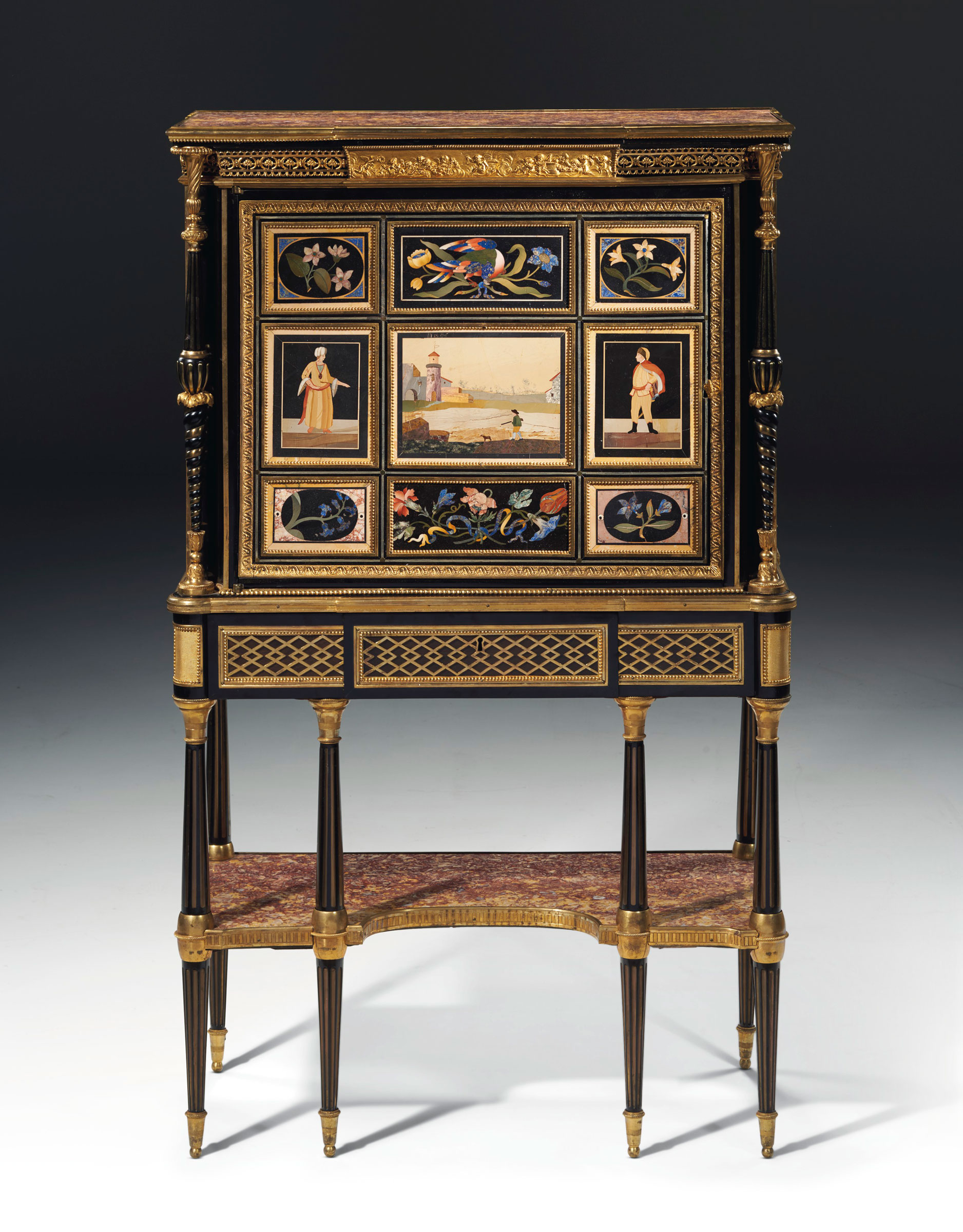 A late Louis XVI pietra dura and ormolu-mounted ebony secr&eacute;taire en cabinet by Adam Weisweiler and almost certainly supplied by Dominique Daguerre, circa 1785-1790. Estimate: $600,000-1,000,000. Offered in Dalva Brothers: Parisian Taste in New York&nbsp;on 22 October at Christie&rsquo;s in New York