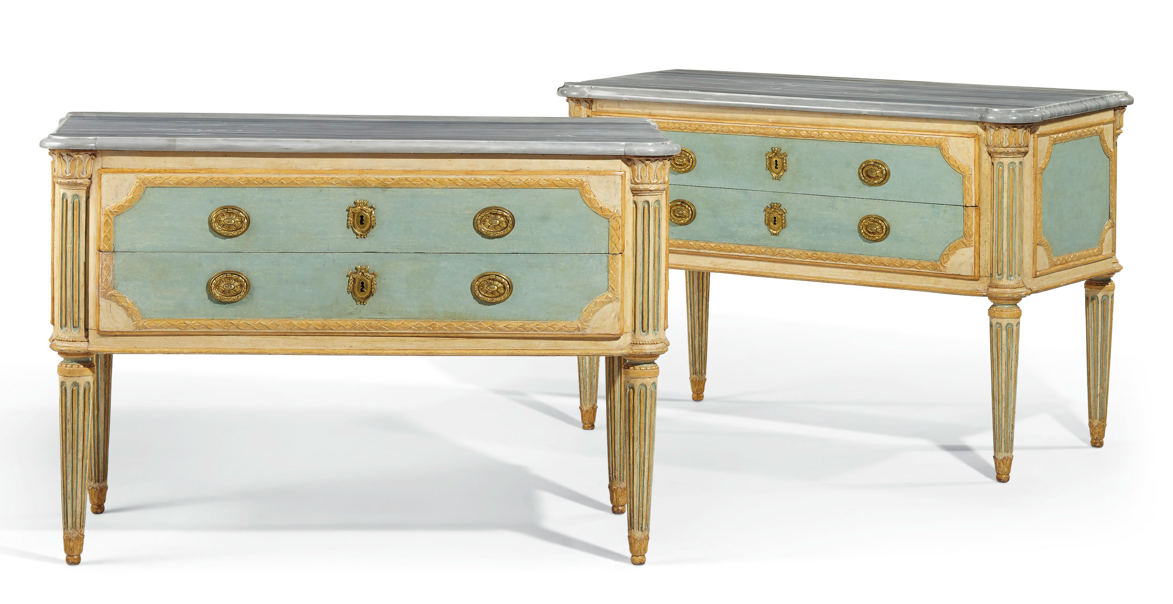 A pair of Italian white, cream and blue-painted commodes, late 19th/early 20th century. Estimate: $5,000-8,000. Offered in The Collector, 28 April-7 May, Online 