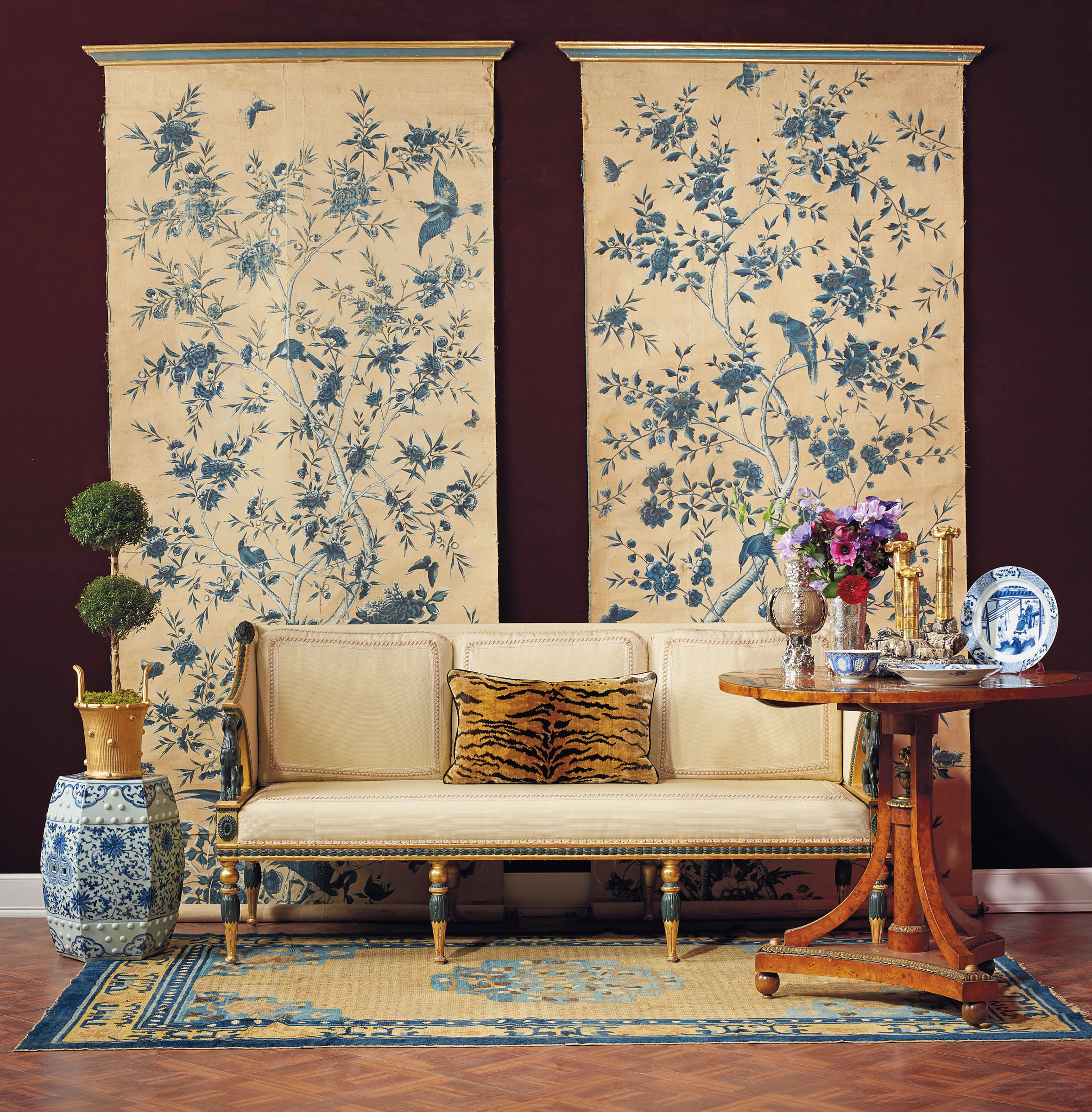 Two from a set of six Chinese export wallpaper panels, 18th century. Estimate: $5,000-7,000. A Swedish giltwood and bronzed sofa, attributed to Ephraim Stahl, early 19th century. Estimate: $12,000-18,000. A pair of Chinese porcelain blue and white hexagonal garden seats, Qing dynasty, 18th/19th century. Estimate: $5,000-7,000. A Ningxia rug, west China, 19th century. Estimate: $5,000-8,000. A set of six Chinese porcelain blue and white plates (1662-1722). Estimate: $3,000-5,000. A Chinese blue and white octagonal bowl, c. 1640. Estimate: $3,000-5,000. A German burr birch, parcel-gilt and ebonized centre table, early 19th century. Estimate: $3,000-5,000. A German silver-mounted coconut cup and cover, late 19th century. Estimate: $2,000-3,000. All offered in The Collector,&nbsp;28 April-7 May, Online&nbsp;