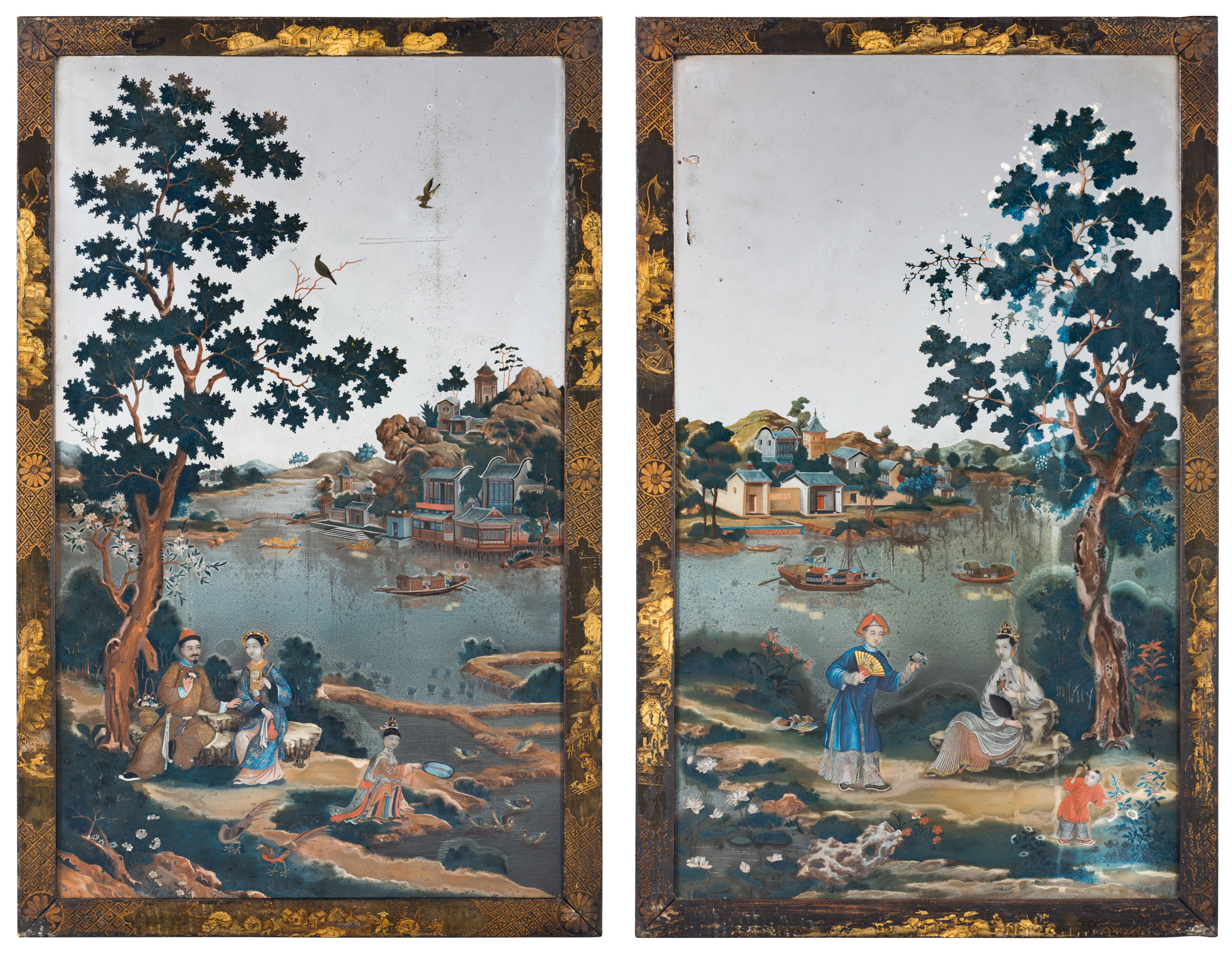 A pair of Chinese export reverse mirror paintings, mid 18th century. 30 x 19 in (76 x 48cm). Estimate: £30,000-50,000. Offered in Gloria: Property from the late Dowager Countess Bathurst on 22 July at Christie’s in London