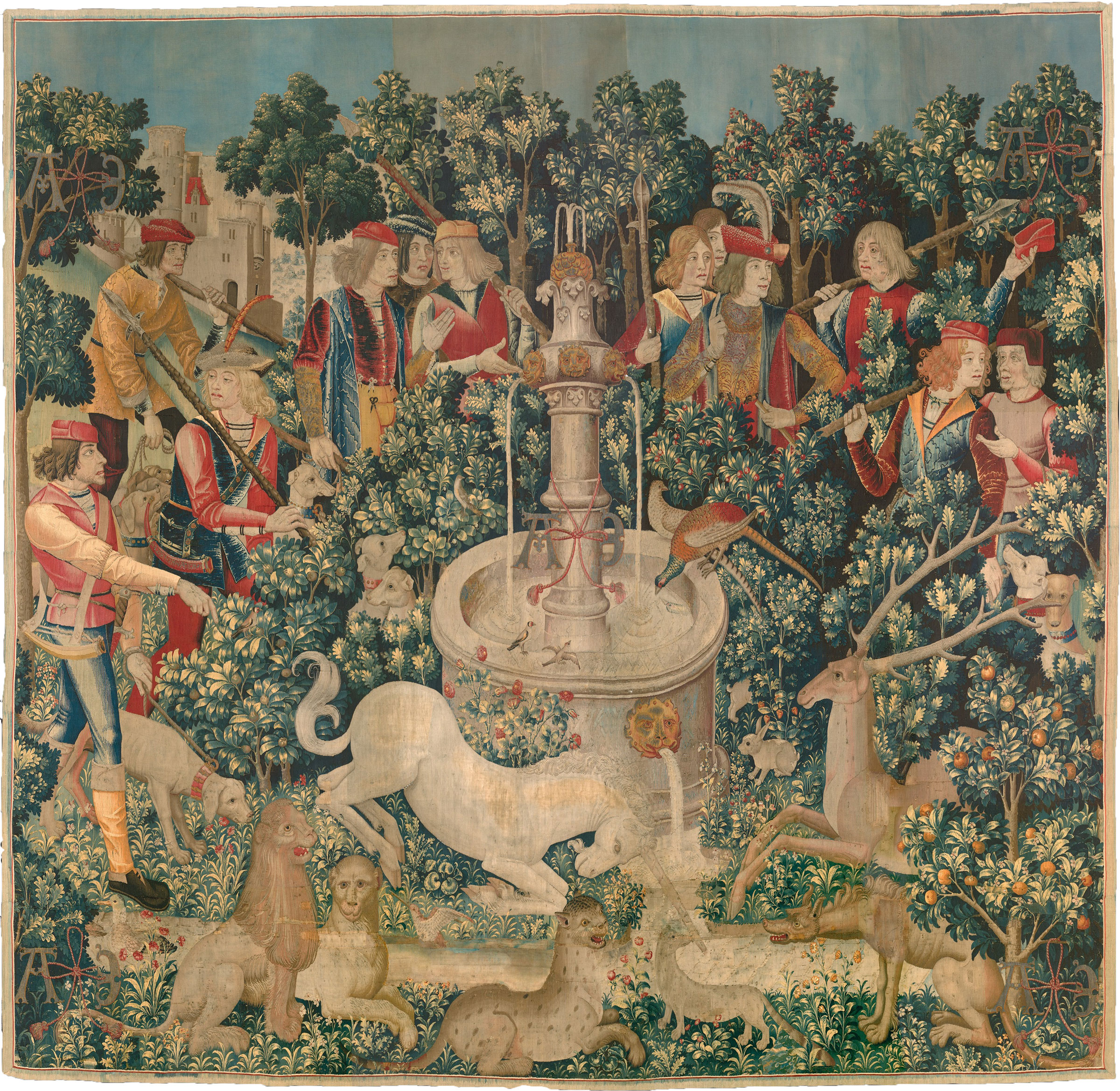 The Unicorn Purifies the Water (from the Unicorn Tapestries), 1495-1505. French (cartoon)/South Netherlandish (woven). Wool warp with wool, silk, silver and gilt wefts. Overall: 368.3 x 378.5 cm. Gift of John D. Rockefeller Jr., 1937. 37.80.2. Courtesy The Metropolitan Museum of Art