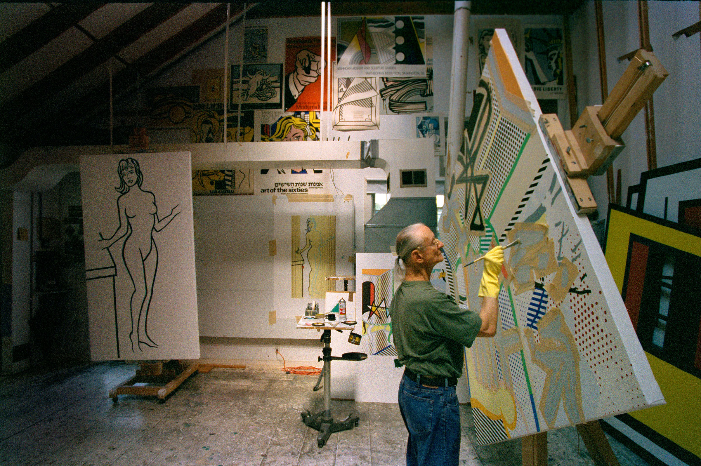 Roy Lichtenstein in his studio in Southampton, New York, in 1997 — the year in which he died, aged 73. Photo: © Bob Adelman Estate. Artwork: © Estate of Roy Lichtenstein