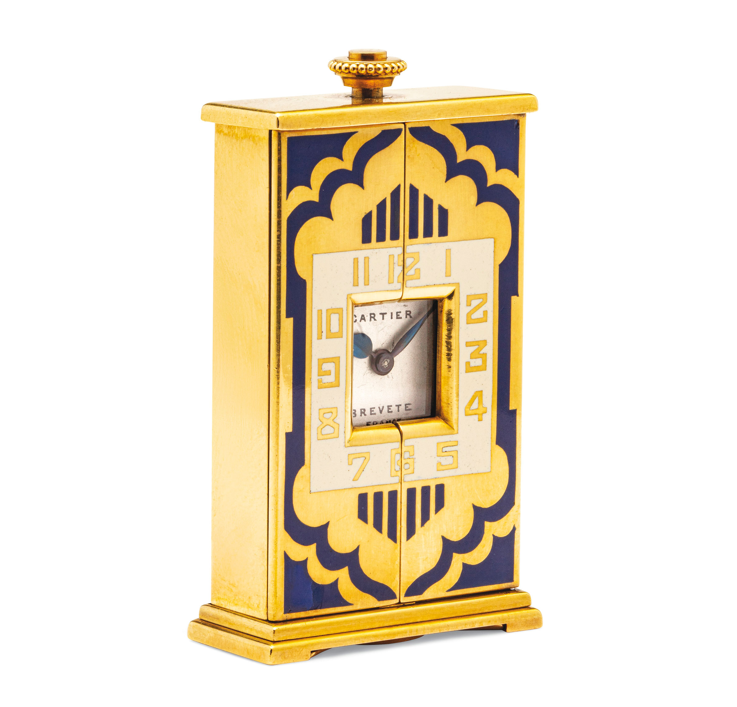 装饰艺术风格珐琅及黄金 &ldquo;祭坛&rdquo; 造形座台钟，卡地亚设计，1925年制。估价︰15,000-20,000瑞士法郎。此拍品将于2020年7月7至21日于A Lifetime of Collecting: A Collection of 101 Cartier Clocks网上专场呈献