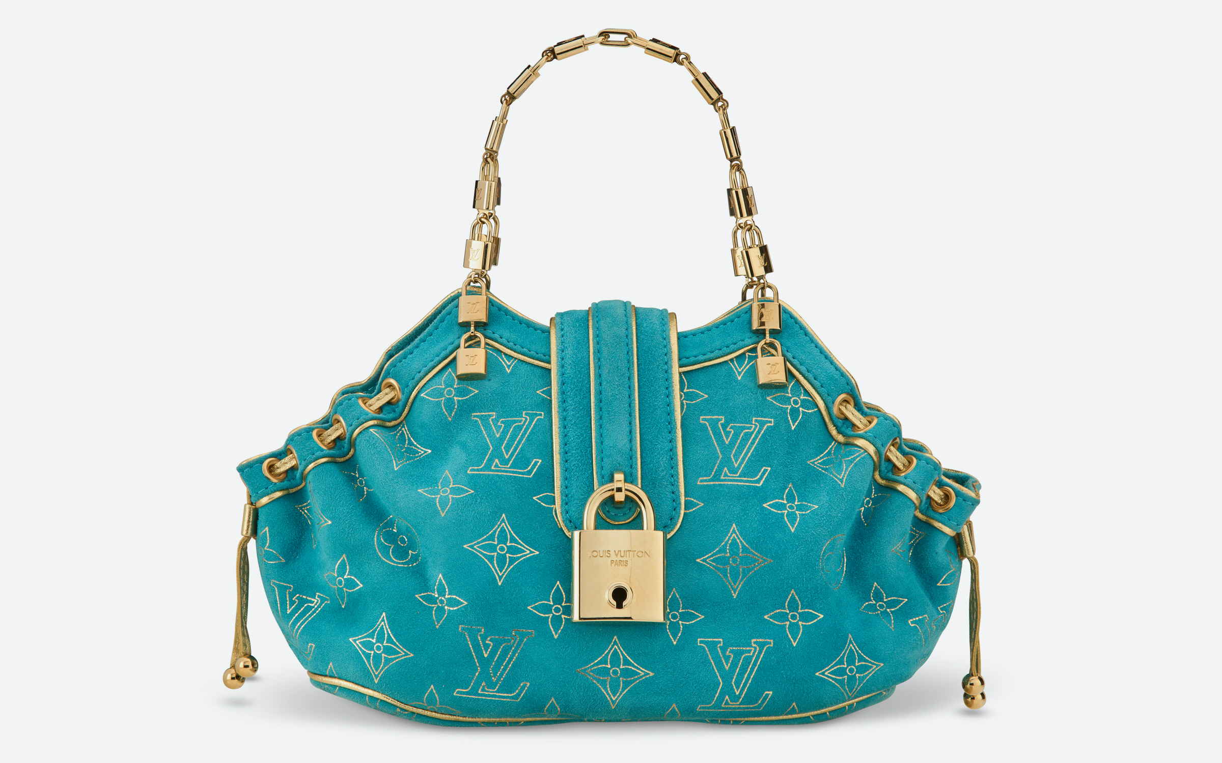 Louis Vuitton. A runway turquoise and gold Monogram suede Theda PM with gold hardware by Marc Jacobs, spring 2004, sold for $4,826 on 11 December 2025 at Christie's Online