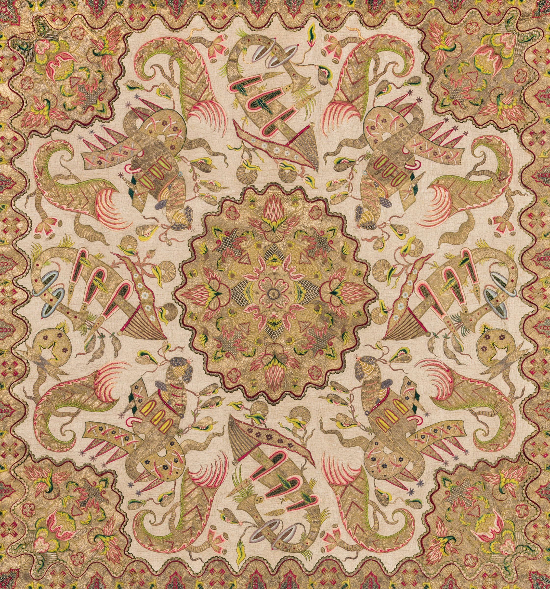 Central panel of a Queen Anne embroidered bedcover, possibly after a design by James Leman, circa 1710. 83 x 86 in (211 x 218 cm) overall. Estimate: £25,000-40,000. Offered in Gloria: Property from the late Dowager Countess Bathurst on 22 July at Christie’s in London