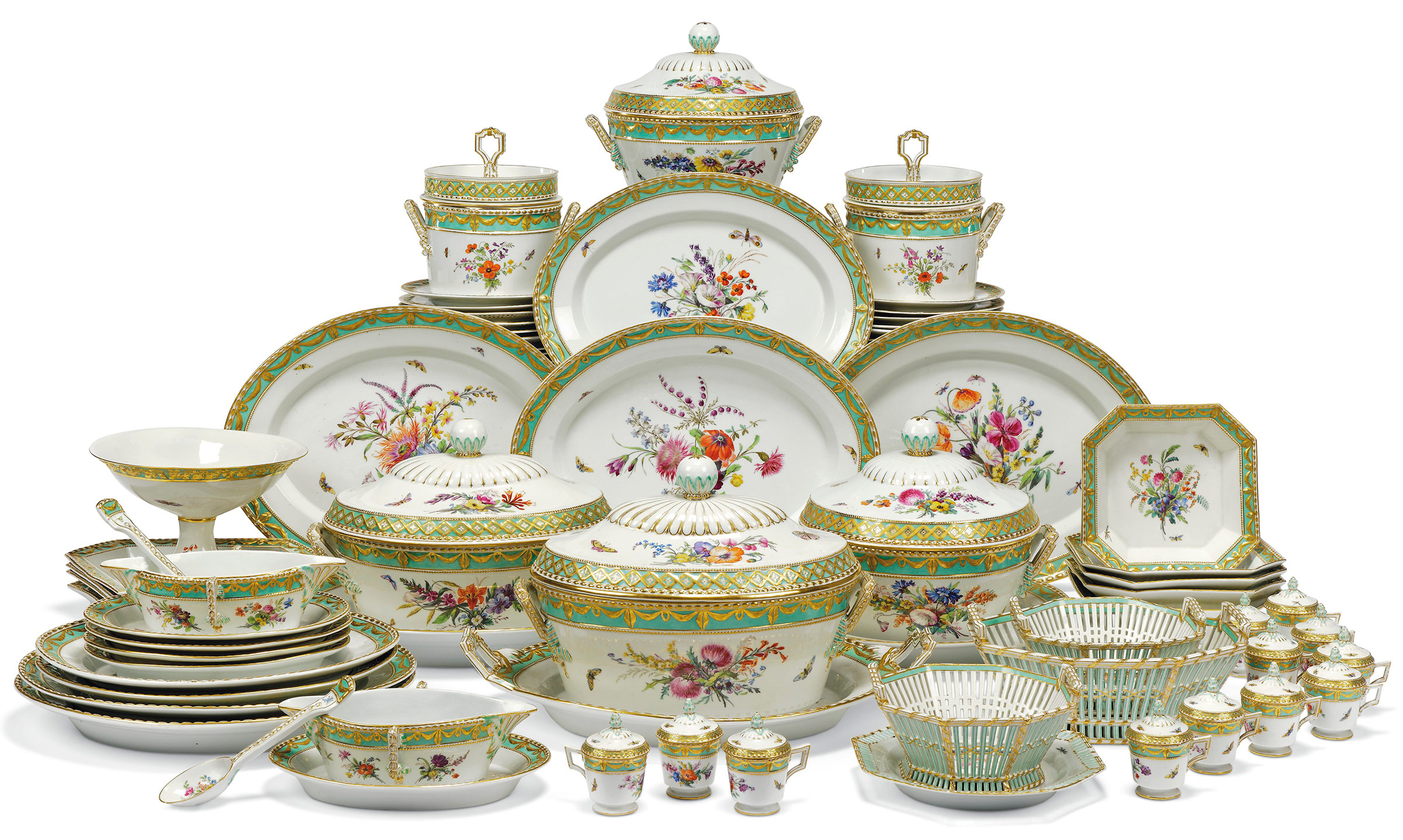 A Berlin porcelain ‘Grand Duke of Courland’ pattern part dinner service, late 18th century, blue sceptre and dash marks. 18⅝ in (48 cm) wide, the soup-tureen stands. Estimate: £15,000-25,000. Offered in Gloria: Property from the late Dowager Countess Bathurst on 22 July at Christie’s in London