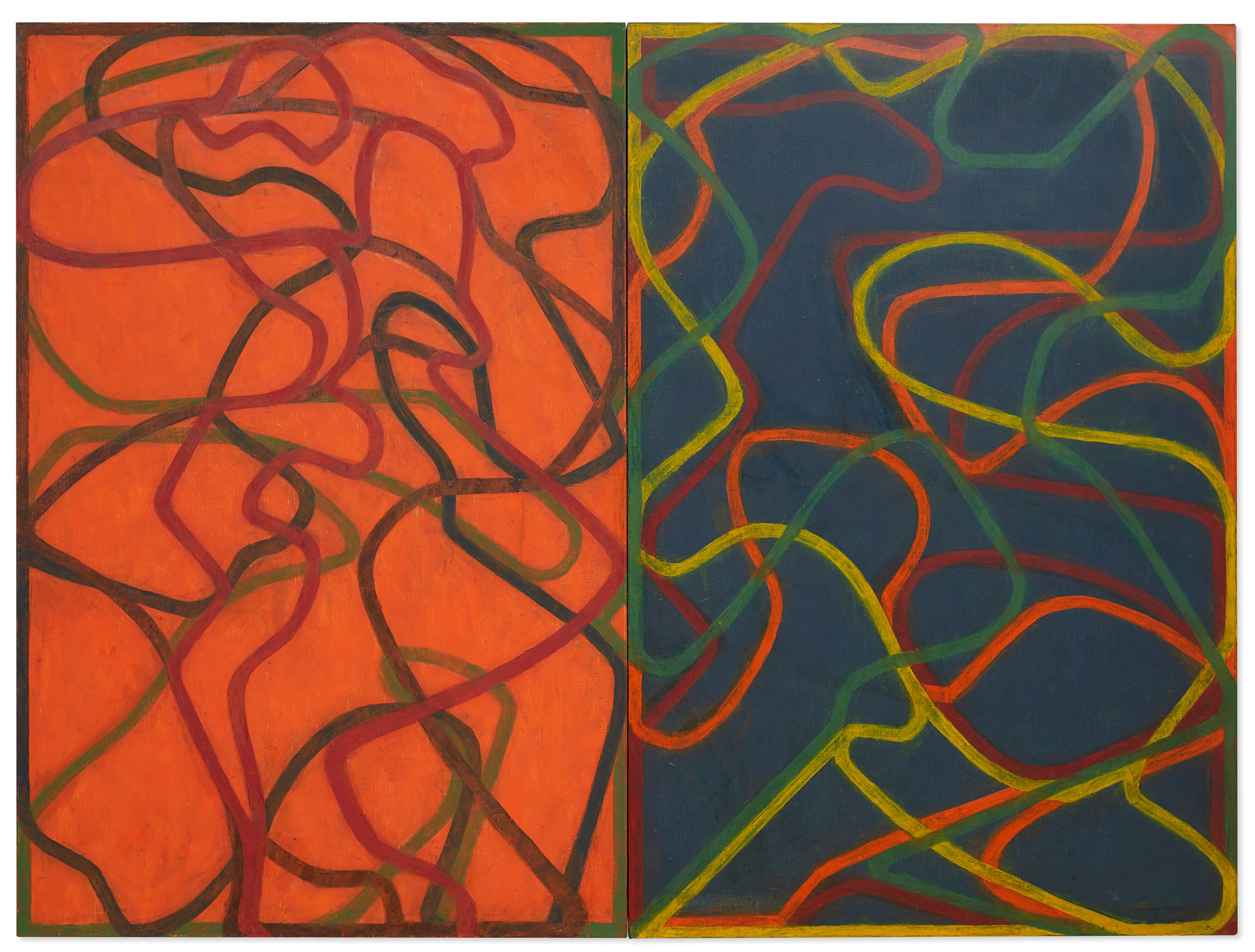 Brice Marden, Complements, 2004-2007. Diptych, oil on canvas. Overall: 72 x 96 in (182.9 x 243.8 cm). Each canvas: 72 x 48 in (182.9 x 121.9 cm). Estimate: $28,000,000-35,000,000. Offered in ONE: New York on 10 July