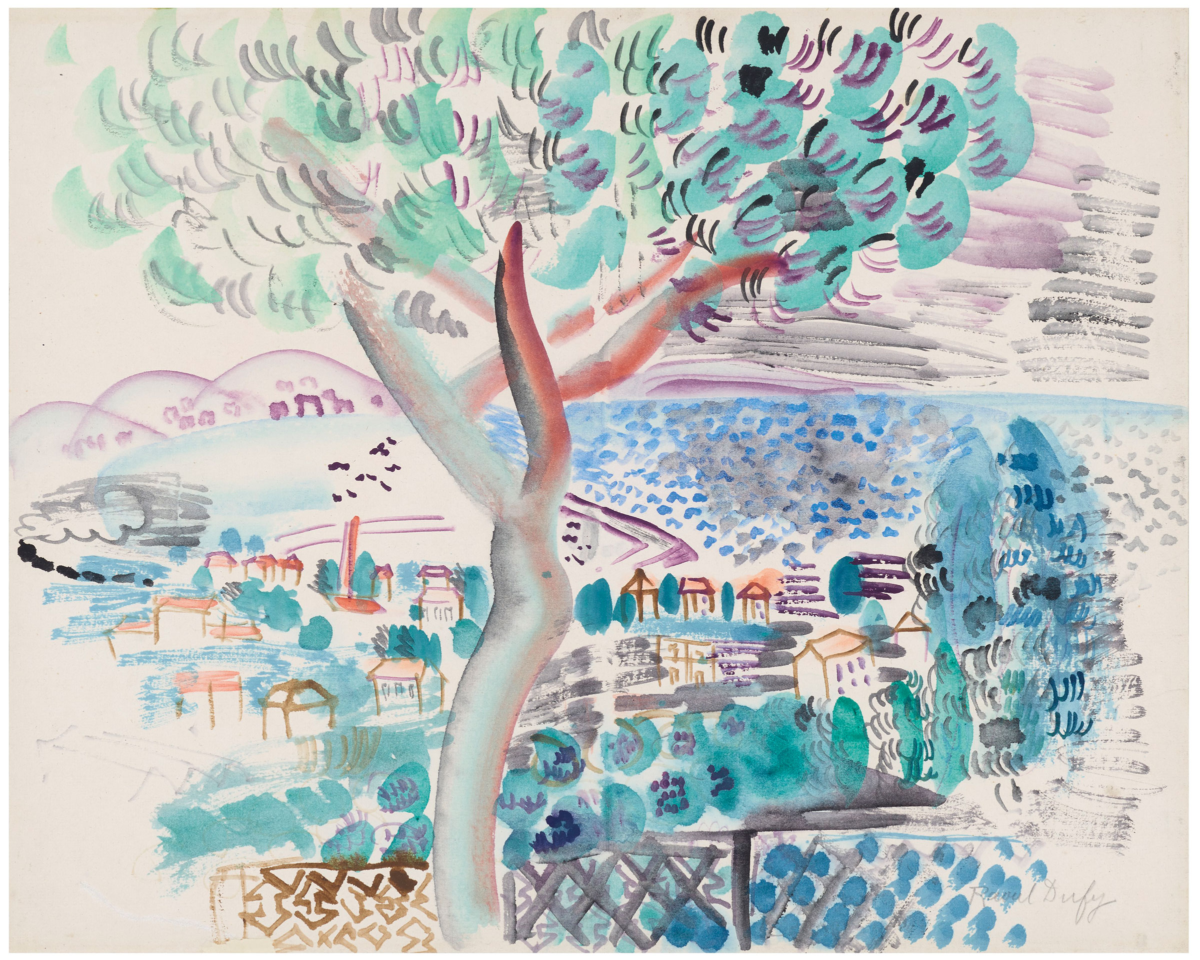Raoul Dufy (1877-1953), Le pin &agrave; Golfe-Juan, 1927. Watercolour on paper. 16⅝ x 20⅝ in (42.3 x 52.5 cm). Sold for &pound;32,500 on 17 July 2020, Online