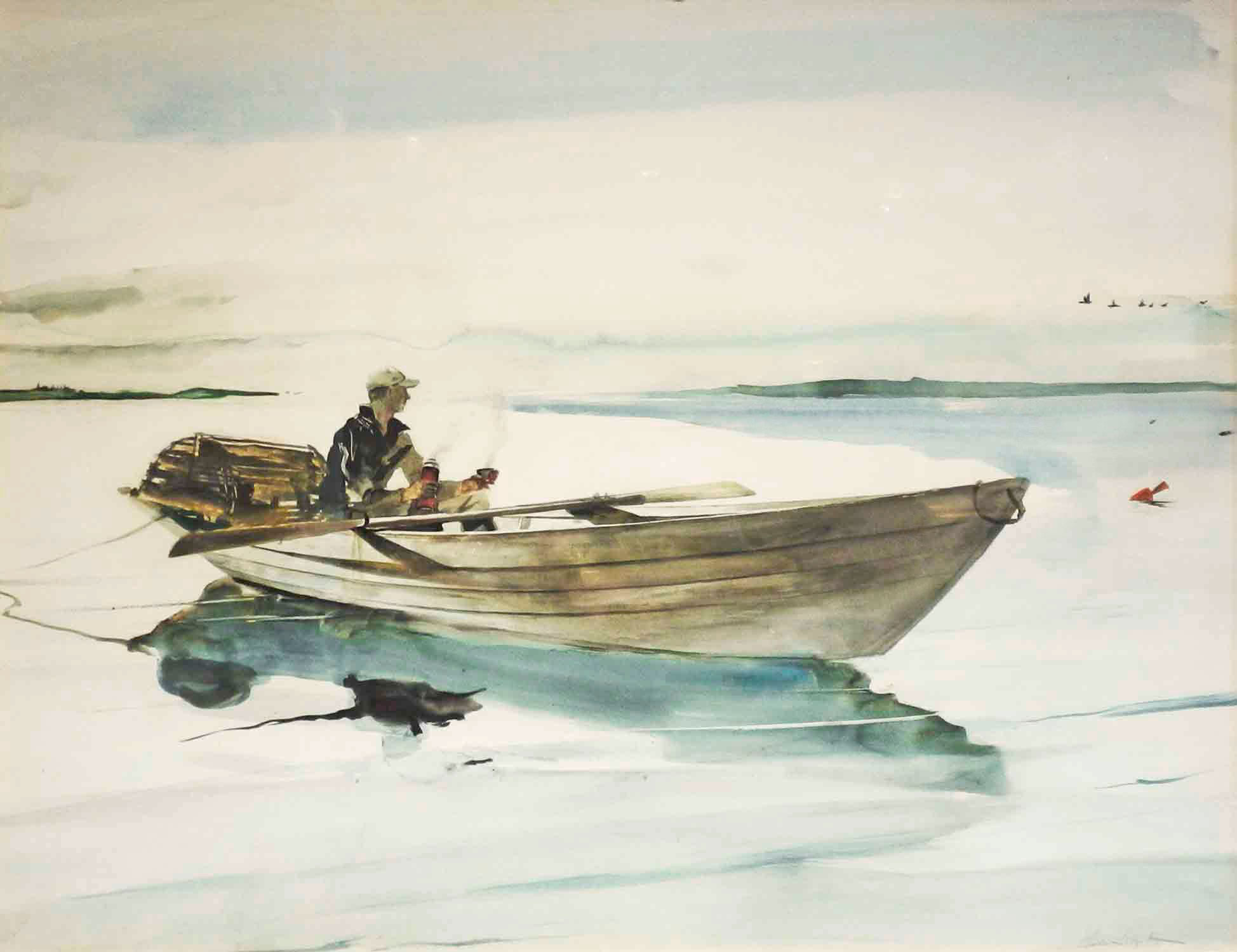 安德魯·懷斯(1917-2009),《捕龍蝦者(福里斯特·沃爾)》,1948年作。水彩 紙本。19 ½ x 26 ½英寸。估價待詢。此作於佳士得「懷斯的世界」中供私人洽購。
