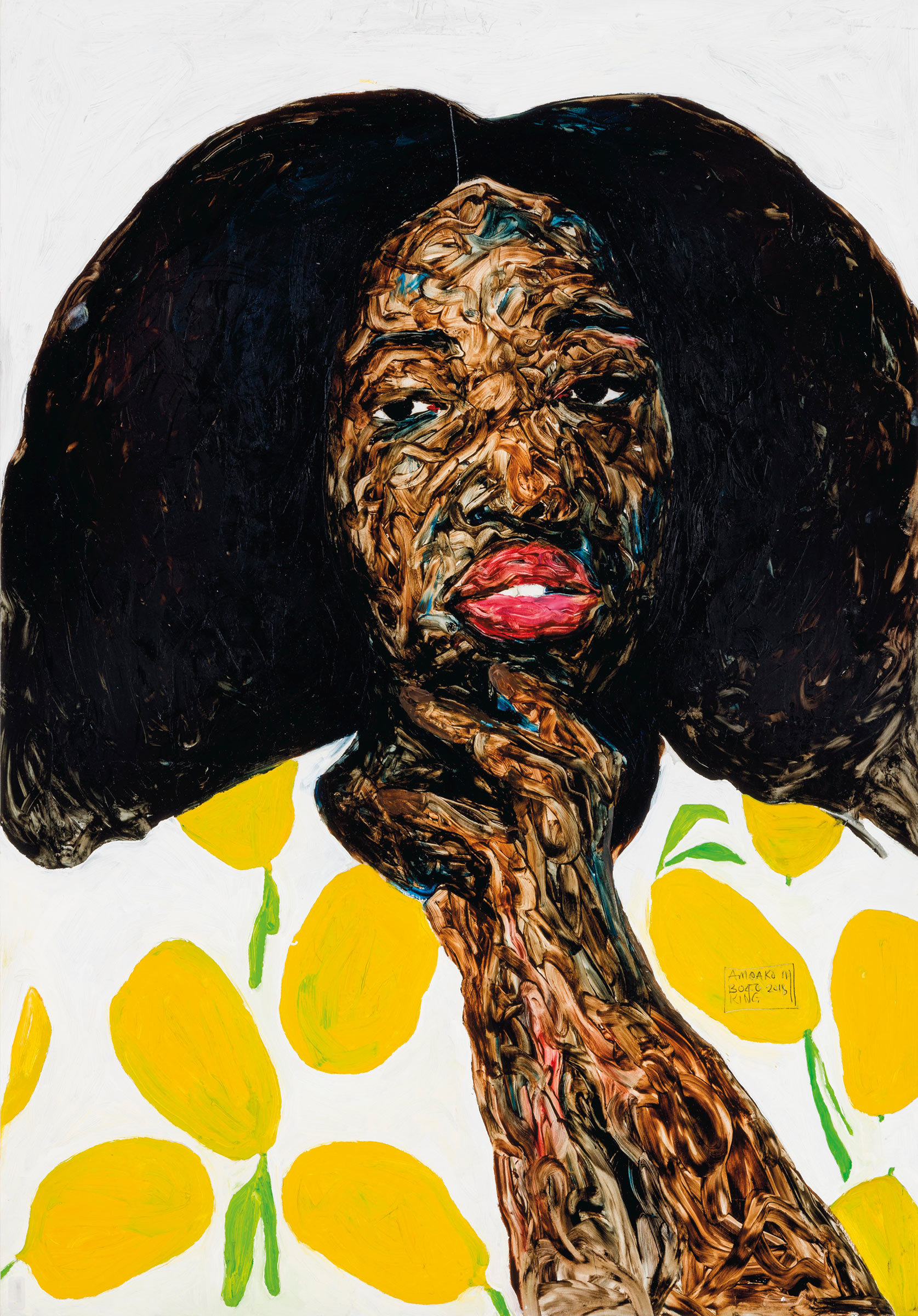 Amoako Boafo (b. 1984), Lady with Lemon Top, 2018. Oil on paper. 39⅜ x 27⅛ in (100 x 69 cm). Estimate: £15,000-20,000. Offered in First Open: Post-War & Contemporary Art Online, 14-28 July, Online
