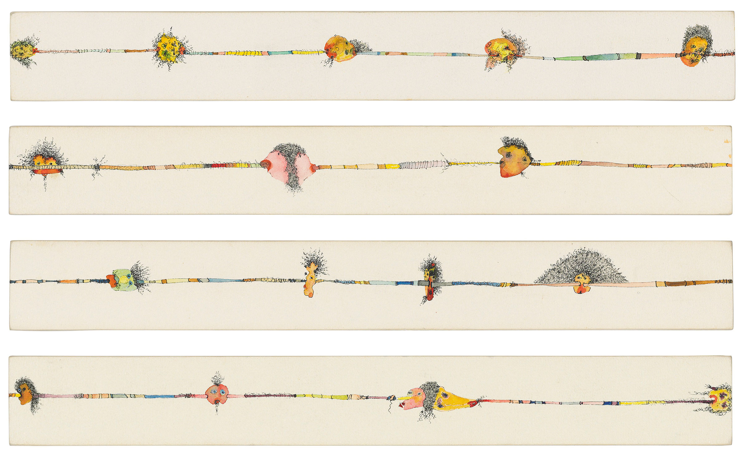 Huguette Caland (1931-2019), Fishing (From the Homage to Pubic Hair series), 1992. Watercolour and ink on card laid on wood. Each 2⅜ x 20 x ¾ in (6.2 x 51 x 2 cm). Estimate: £10,000-15,000. Offered in First Open: Post-War & Contemporary Art Online, 14-28 July, Online