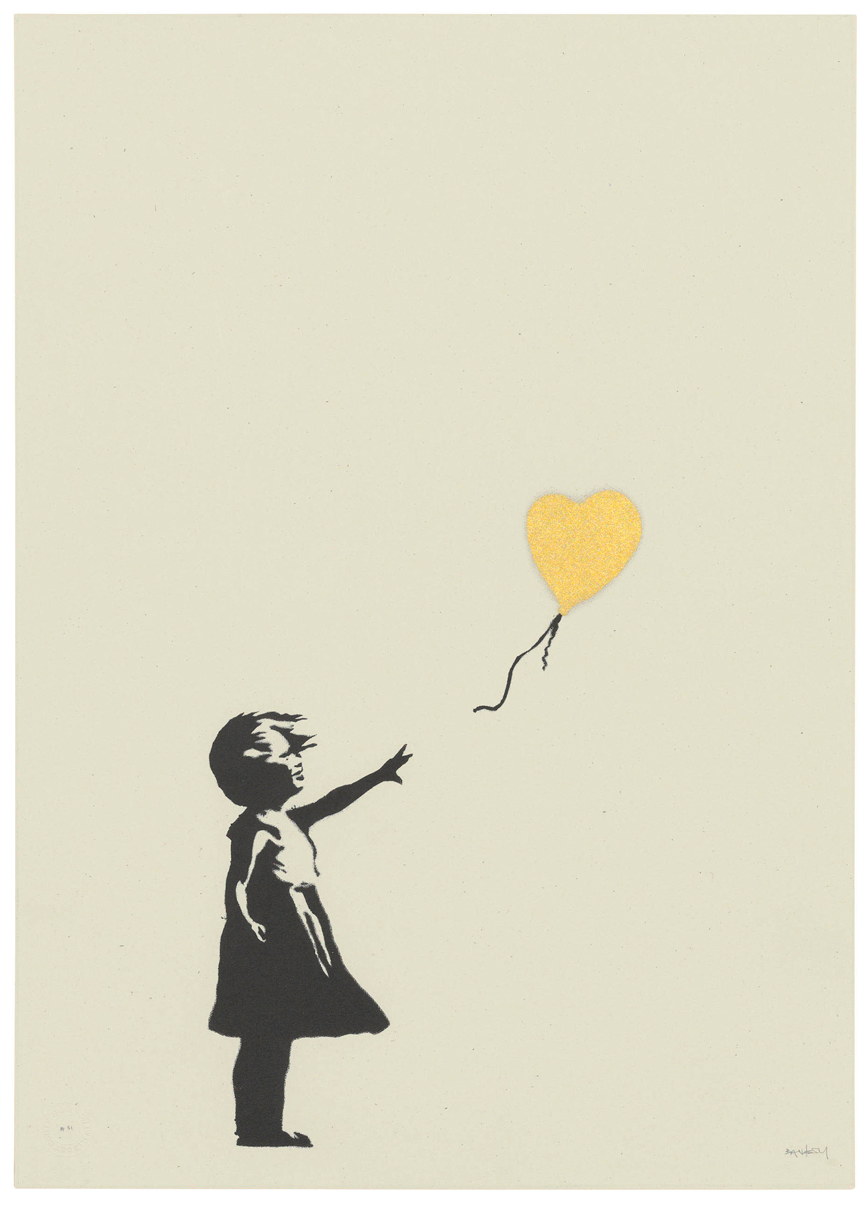 Banksy（1975年生）《女孩與氣球&mdash;&mdash;AP色（金色）》，2004年作。黑色及金色絲網印刷。紙張695 x 495毫米。此作於2019年9月24日在網上專場售出，成交價395,250英鎊