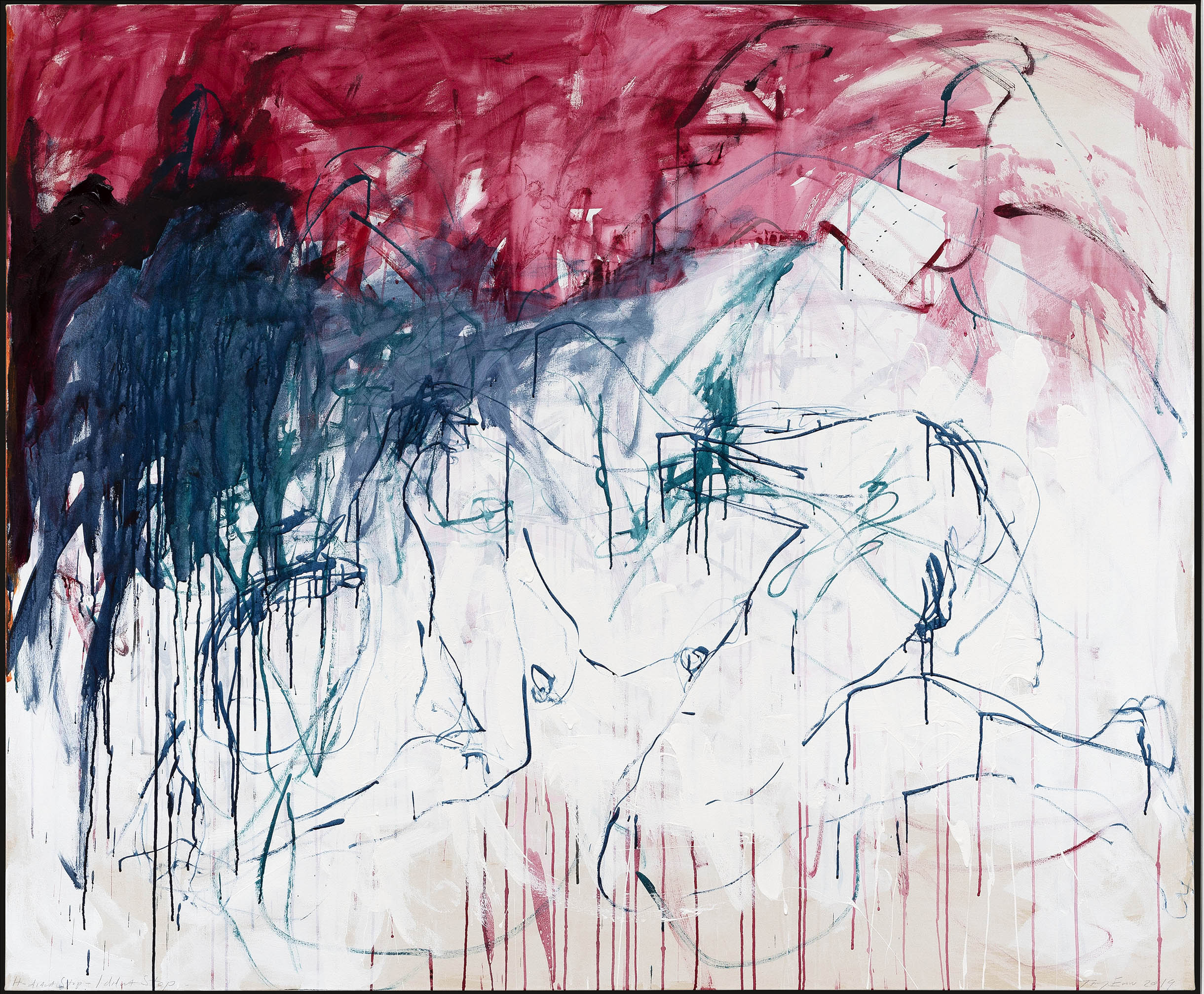 Tracey Emin, It — didnt stop — I didnt stop, 2019. Acrylic on canvas. 152 x 183.5 x 3.7 cm. Photo © HV-studio Courtesy the Artist and Xavier Hufkens, Brussels