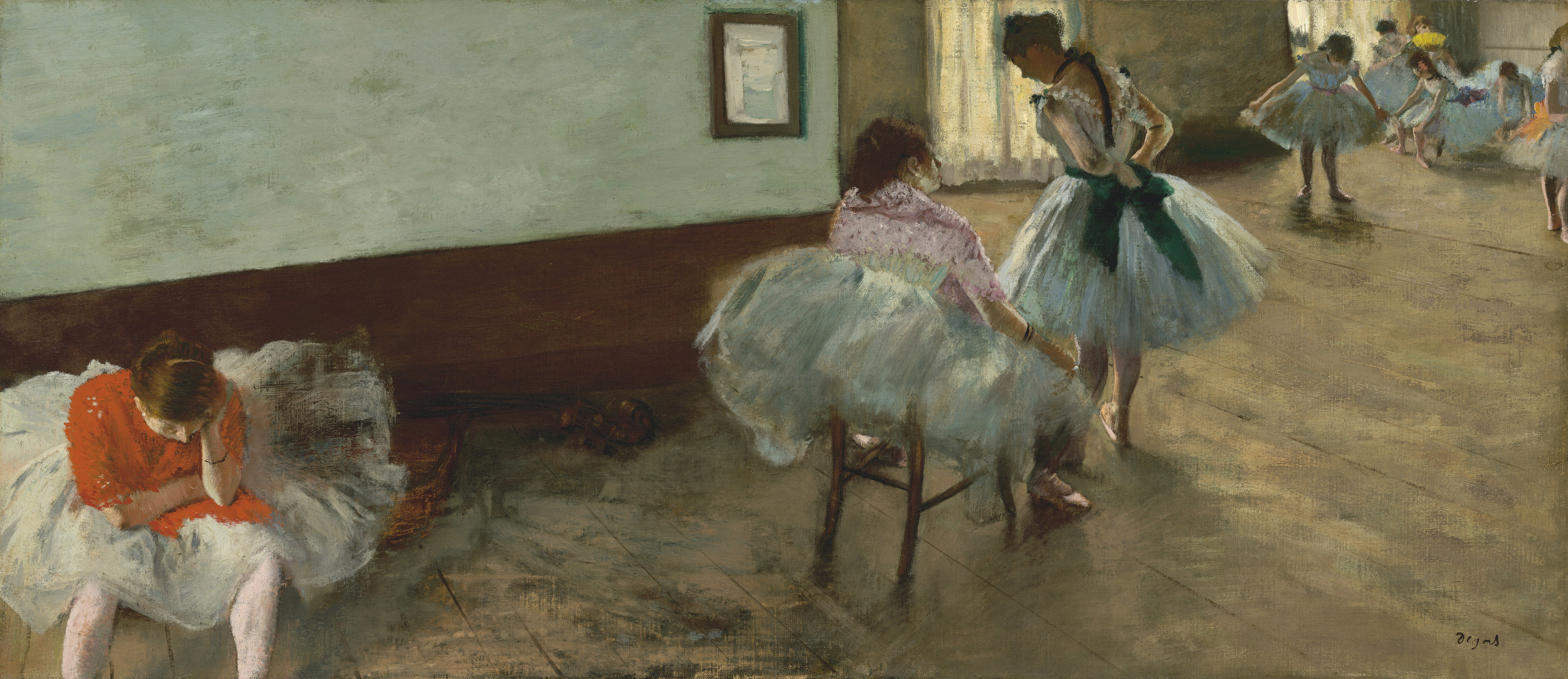 Edgar Degas, The Dance Lesson, c. 1879. Oil on canvas. Overall: 38 x 88 cm. framed: 59.7 x 108.3 x 5.1 cm. National Gallery of Art, Washington, Collection of Mr. and Mrs. Paul Mellon