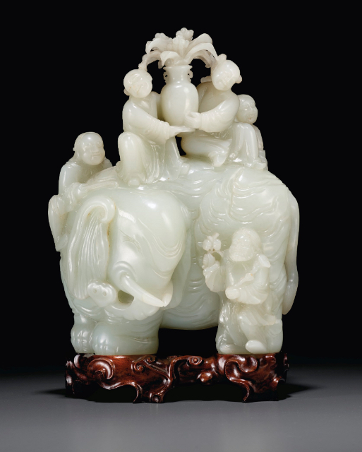 A large and finely carved white jade ‘elephant and boys’ group, Qianlong period (1736-1795). 7½ in (19 cm) high. Estimate: $500,000-800,000. Offered in Important Chinese Ceramics and Works of Art on 25 September 2020 at Christie’s in New York