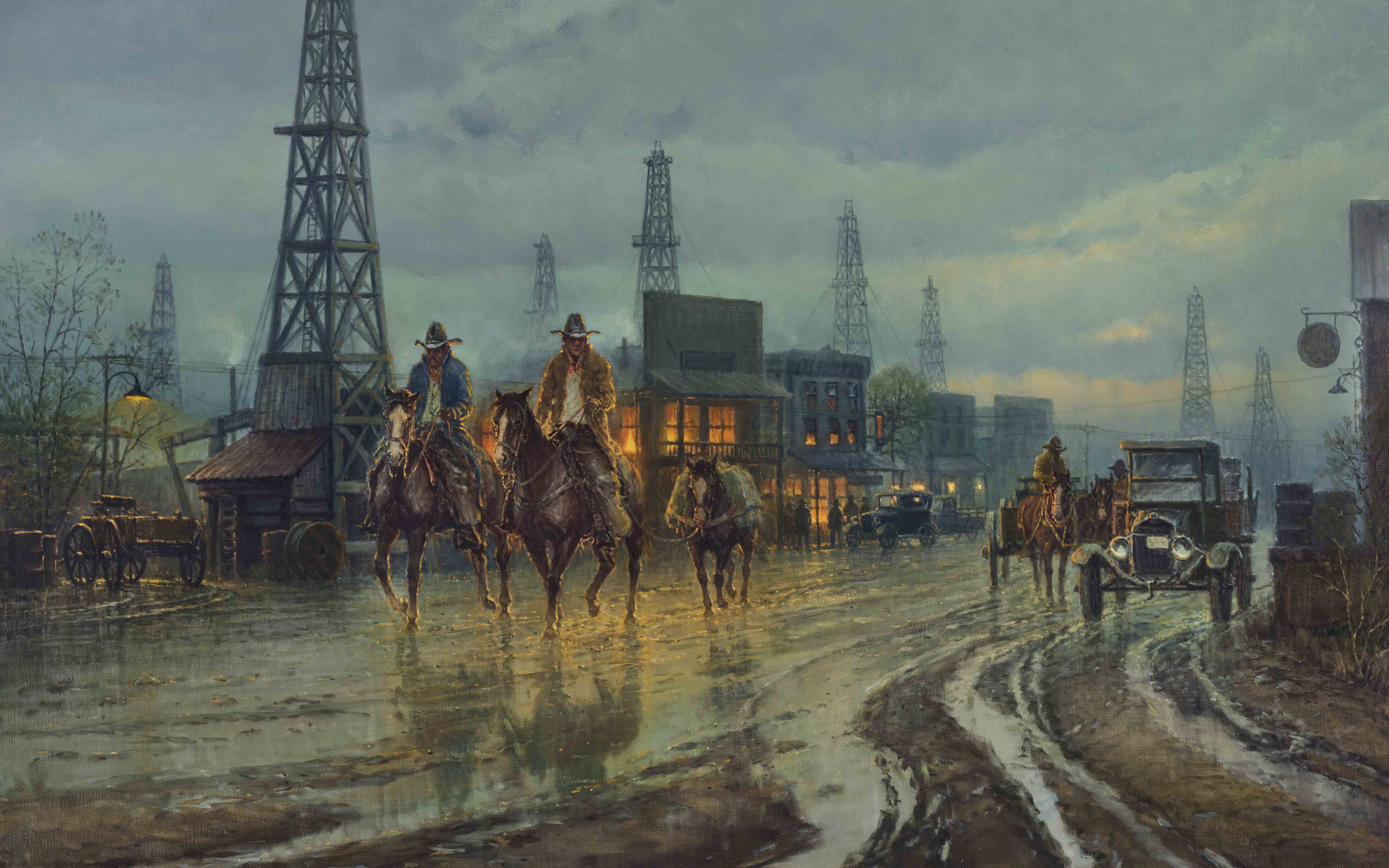 杰拉德&middot;哈维(1933-2017)，《新兴都市的浪人》，1979年作。油彩 画布。估价︰300,000-500,000美元。2020年10月28日于佳士得纽约「The Legend of the West: Iconic Works from the T. Boone Pickens Collection」中推出