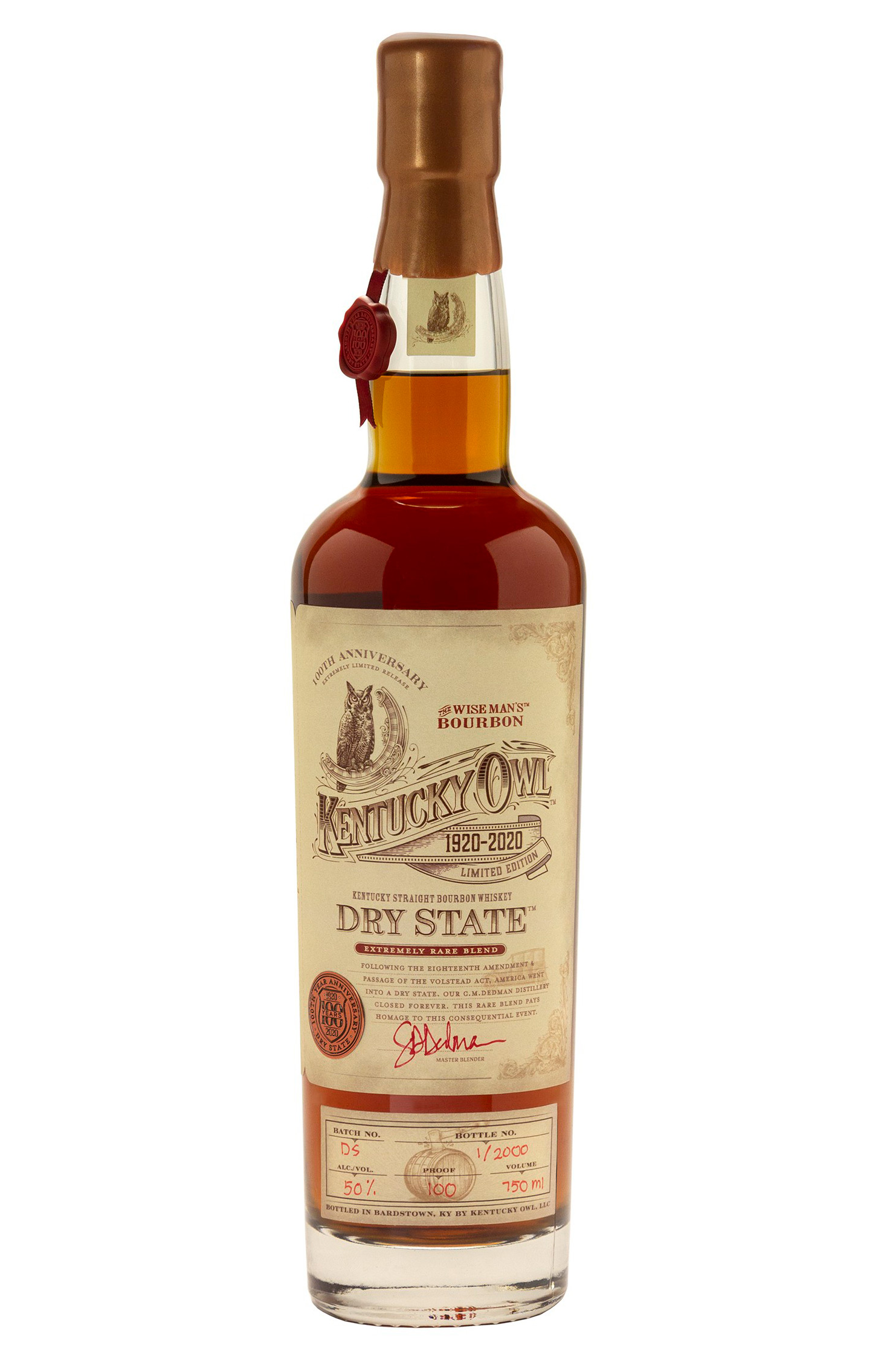 Kentucky Owl Dry State 100th Anniversary Edition Straight Bourbon, Kentucky. Bottle #38 of 2000. Estimate: $1,900-2,600. Offered in Wine &amp; Spirits, 17 September to 1 October 2020, Online