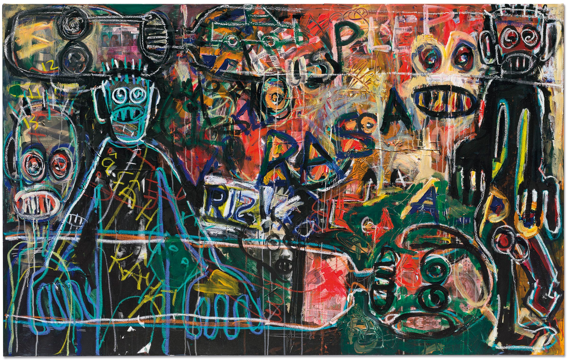 Aboudia (b. 1983), Untitled, 2013. Acrylic and oil stick on printed paper collage on canvas. 49¼ x 78¾ in (125 x 200 cm). Estimate: £15,000-20,000. Offered in the Post-War and Contemporary Art Day Sale on 23 October 2020 at Christie’s in London