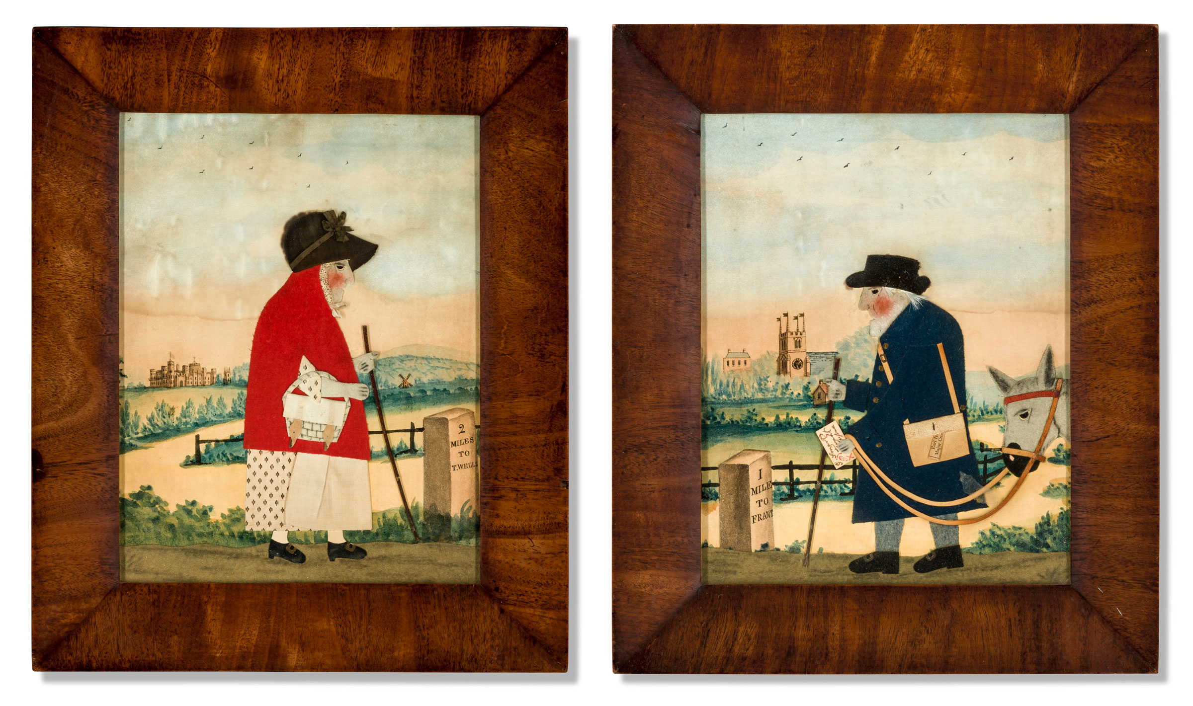 George Smart, A pair of Regency cut-felt collage pictures of The Goose Woman and &lsquo;Old Bright&rsquo; The Postman of Frant, c. 1820. Estimate: &pound;3,000-5,000. Offered in Alexandra Tolstoy: An Interior by Sibyl Colefax &amp; John Fowler, 4-25 November, Online