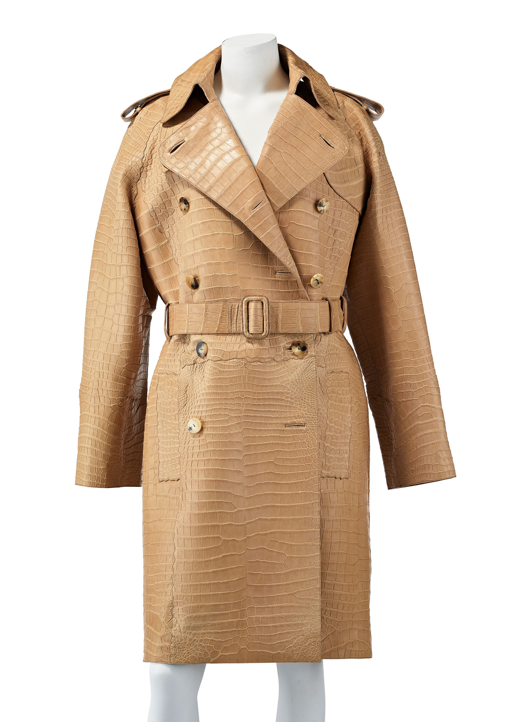 A matte poussière alligator trench coat, Hermès, from the collection of Susan Casden. Offered in Handbags & Accessories Online: The New York Edition, 24 November-10 December 2020, Online