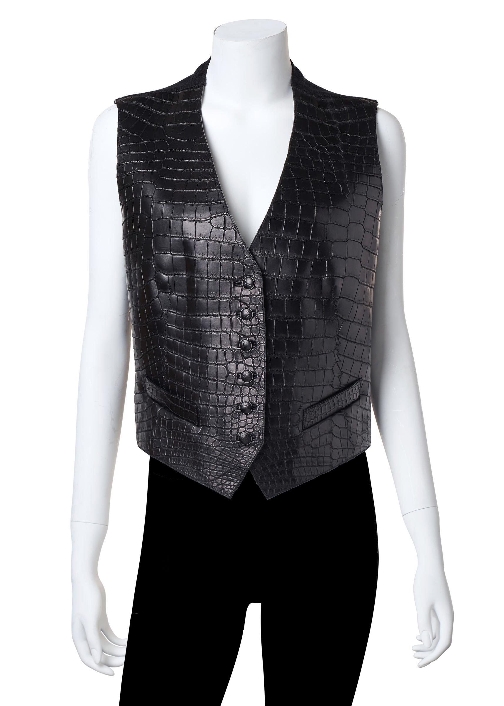 A matte black crocodile vest, Hermès, from the collection of Susan Casden. Sold for $11,250 in Handbags & Accessories Online: The New York Edition, 24 November-10 December 2020, Online