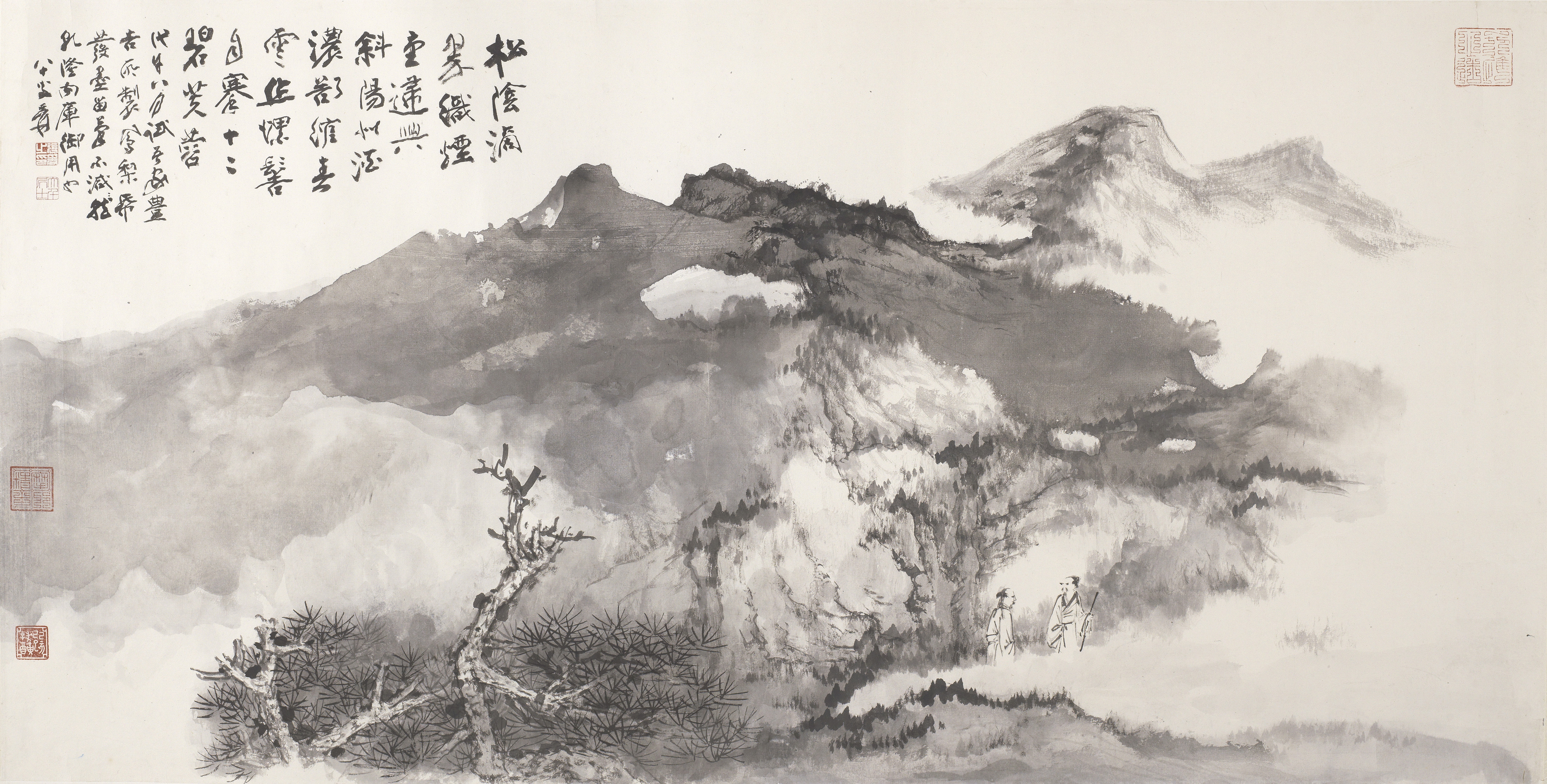 From an important Asian private collection. Zhang Daqian (1899-1983), Two Scholars Amongst Pine and Clouds, 1978. Scroll, mounted and framed, ink on paper. 69.5 x 136.8 cm. (27 ⅜ x 53 ⅞ in.). Estimate: HK$10,000,000 - 12,000,000. Offered in Fine Chinese Modern and Contemporary Ink Paintings on 1 December at Christie’s in Hong Kong