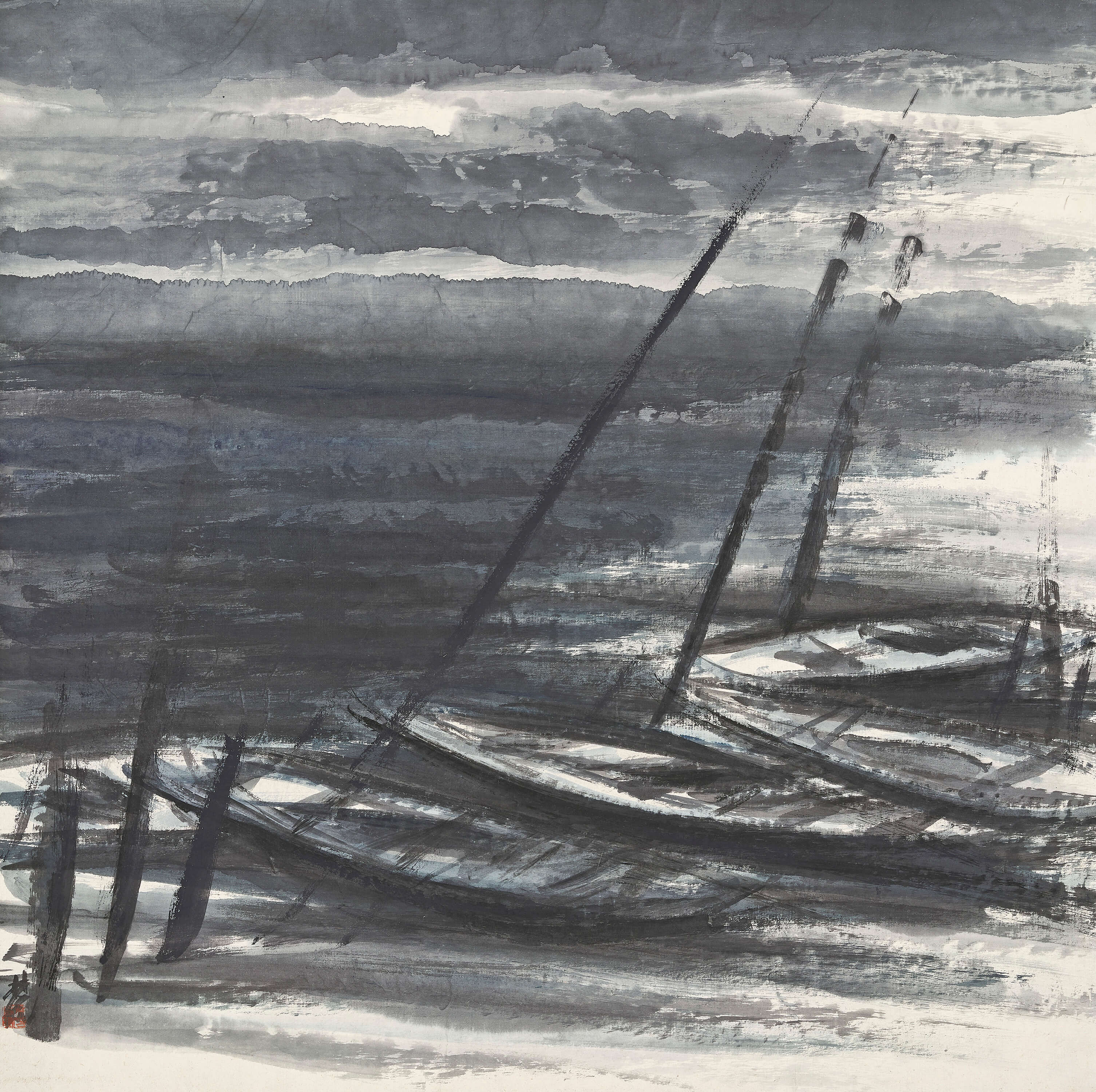 Lin Fengmian (1900-1991), Boats Moored on a Riverbank. Scroll, mounted on cardboard and framed, ink and colour on paper. 66 x 65.5 cm. (26 x 25 ¾ in.). Estimate: HK$900,000 - 1,800,000. Offered in Fine Chinese Modern and Contemporary Ink Paintings on 1 December at Christie’s in Hong Kong