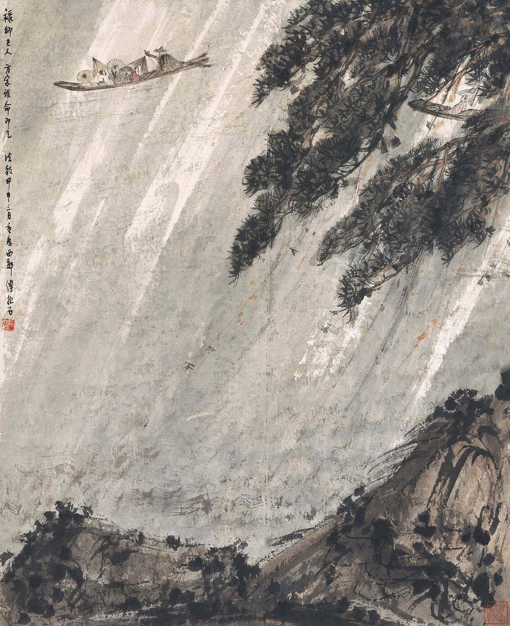 Property from the family of Chen Lifu. Fu Baoshi (1904-1965), Returning Boat, 1944. Scroll, mounted and framed, ink and colour on paper. 61.2 x 49.7 cm (24 ⅛ x 19 ⅝ in.). Estimate: HK$1,200,000 - 1,800,000. Offered in Fine Chinese Modern and Contemporary Ink Paintings on 1 December at Christie’s in Hong Kong
