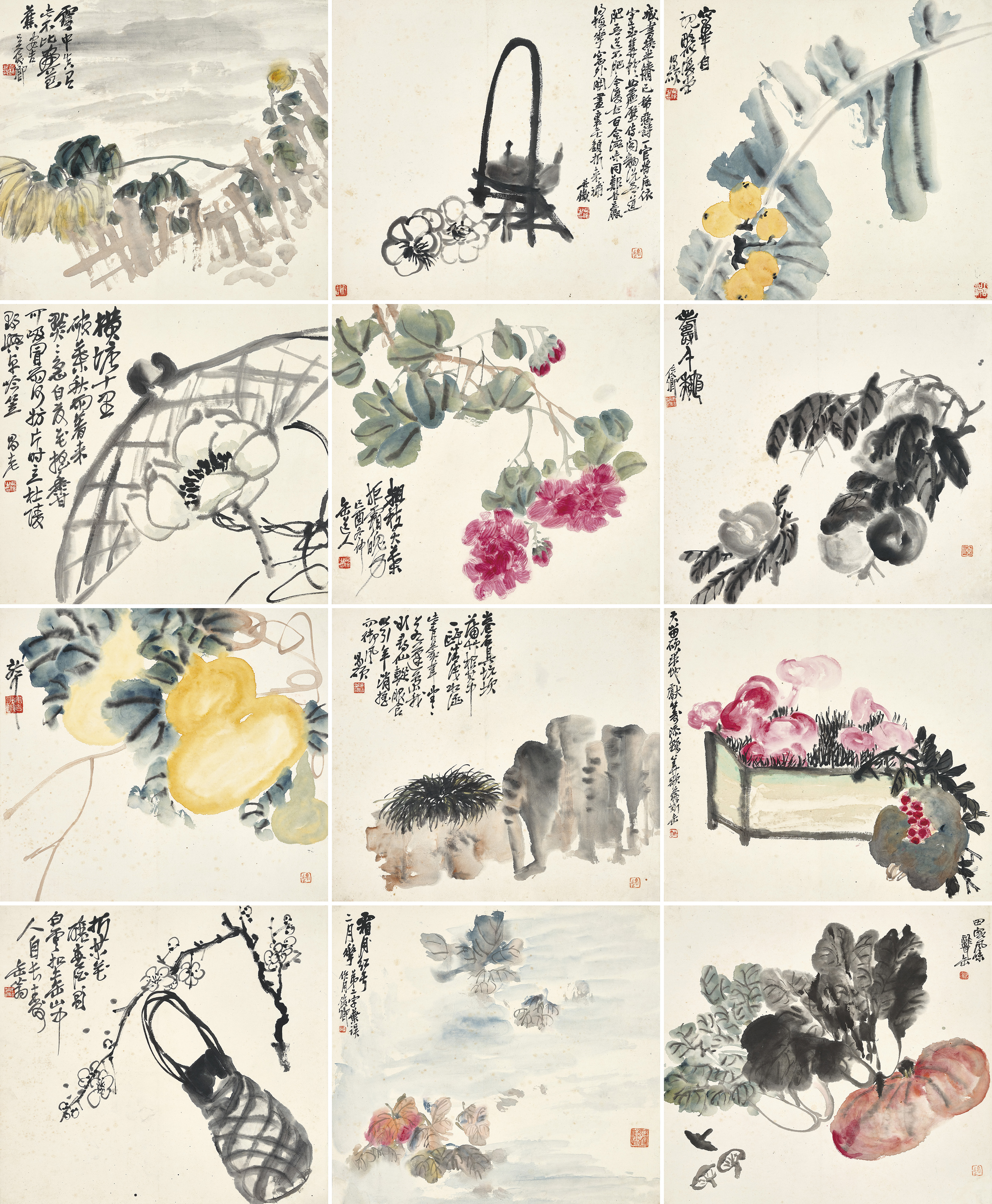 Property from a private Hong Kong collection. Wu Changshuo (1844-1927), Album of Flowers, Vegetables and Objects, 1909. Album of twelve leaves, ink and colour on paper. Each leaf measures 37.3 x 40.3 cm. (14 ⅝ x 15 ⅞ in.). Estimate: HK$1,200,000 - 2,000,000. Offered in Fine Chinese Modern and Contemporary Ink Paintings on 1 December at Christie’s in Hong Kong