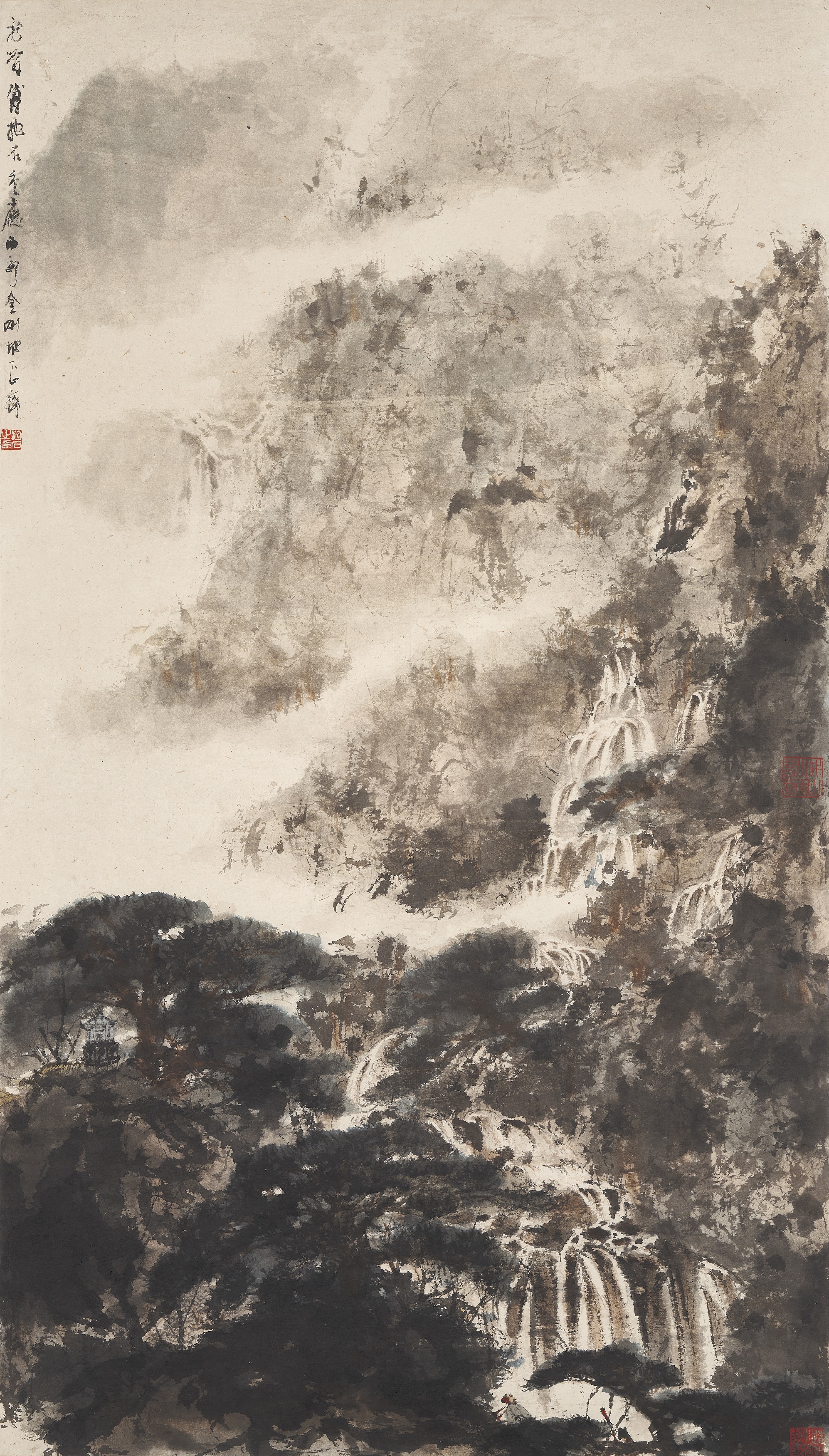 Property from a distinguished Asian private collection. Fu Baoshi (1904-1965), Cascading Waterfalls. Scroll, mounted and framed, ink and colour on paper. 109 x 61.5 cm. (42 ⅞ x 24 ¼ in.). Estimate: HK$10,000,000- 15,000,000. Offered in Fine Chinese Modern and Contemporary Ink Paintings on 1 December at Christie’s in Hong Kong