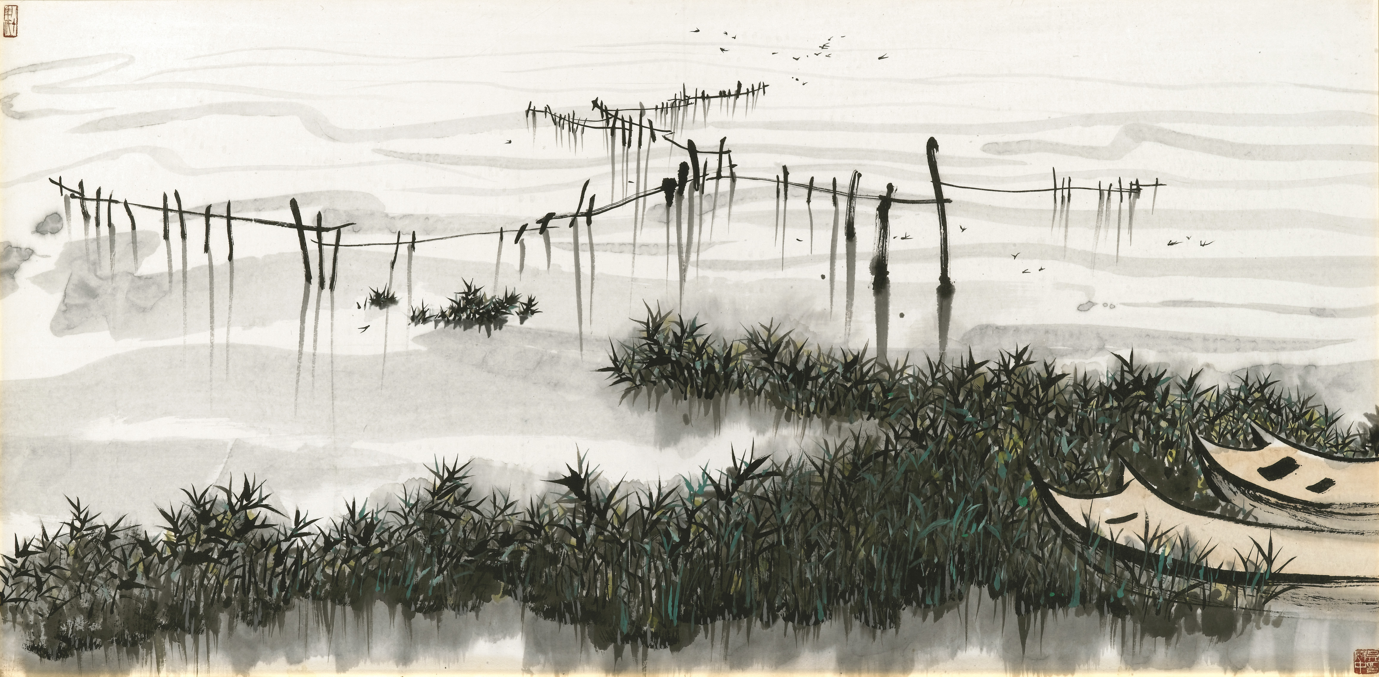 Property from an important Southeast Asian collection. Wu Guanzhong (1919-2010), Quiet Lake and Boats. Scroll, mounted and framed, ink and colour on paper. 68 x 134 cm. (26 ¾ x 52 ¾ in.). Estimate: HK$ 15,000,000 - 20,000,000. Offered in Fine Chinese Modern and Contemporary Ink Paintings on 1 December at Christie’s in Hong Kong