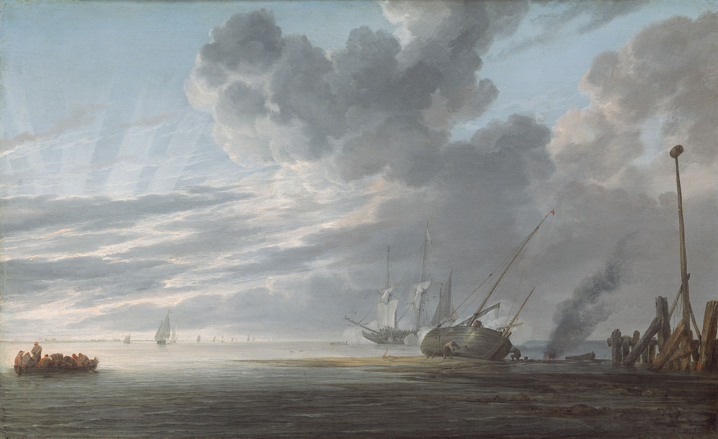 Simon de Vlieger, Estuary at Day's End, c. 1640/1645. Oil on panel. Overall: 36.8 x 58.4 cm (14½ x 23 in). National Gallery of Art, Washington, Patrons' Permanent Fund and The Lee and Juliet Folger Fund in memory of Kathrine Dulin Folger
