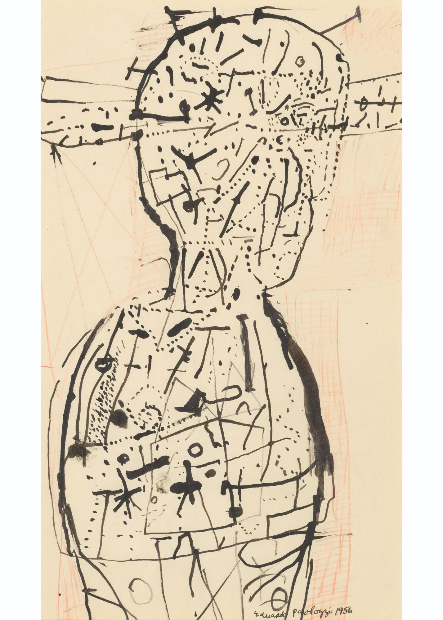 Sir Eduardo Paolozzi, R.A. (1924-2005), Man in Red Landscape, 1956. Ink, pencil and coloured pencil on paper. 13⅛ x 7¾ in (33.2 x 19.7 cm).