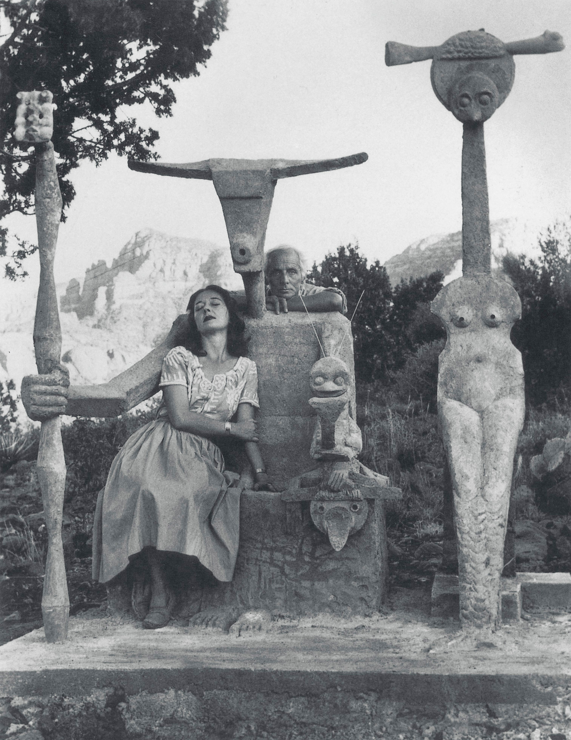 Max Ernst and Dorothea Tanning in 1947 with his sculpture, Capricorn, photograph by John Kasnetsis