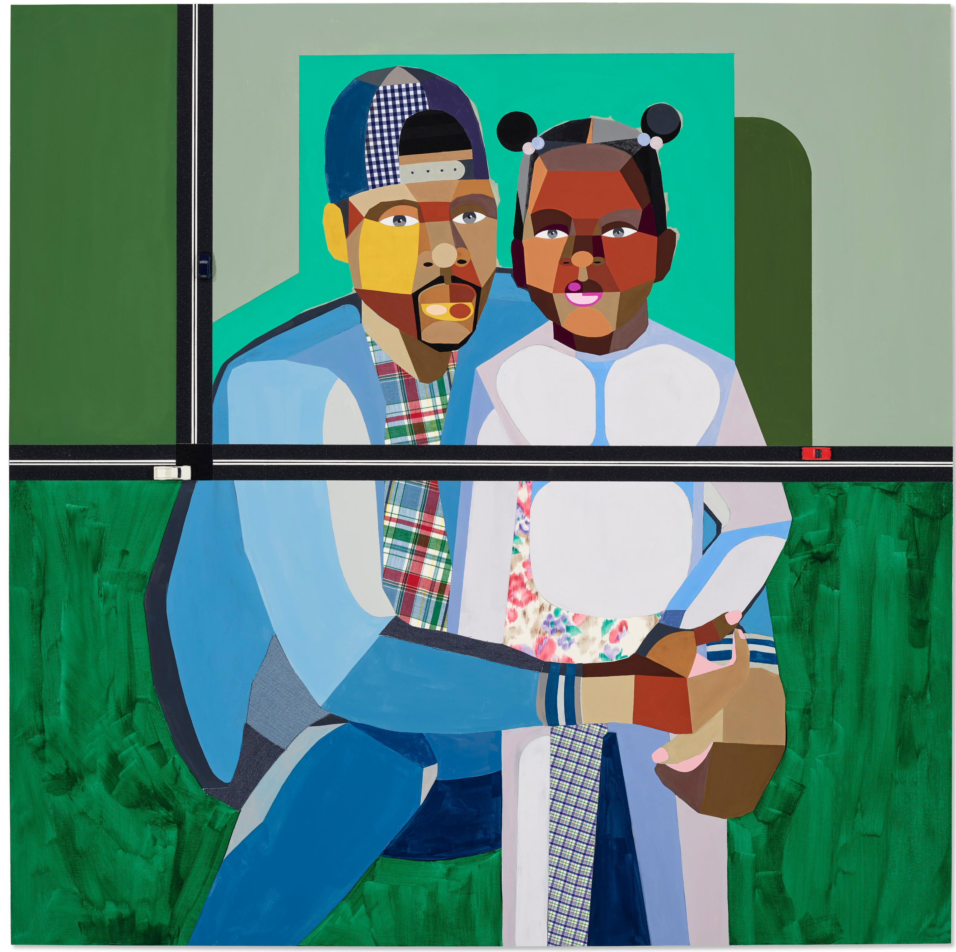 Derrick Adams (b. 1970), Figure in the Urban Landscape 31, 2019. Acrylic, graphite, ink, fabric on paper, grip tape and model cars on wood panel. 60 x 60 in (152.4 x 152.4 cm). Estimate: $100,000-150,000. Offered in Post War to Present  on 9 March 2021