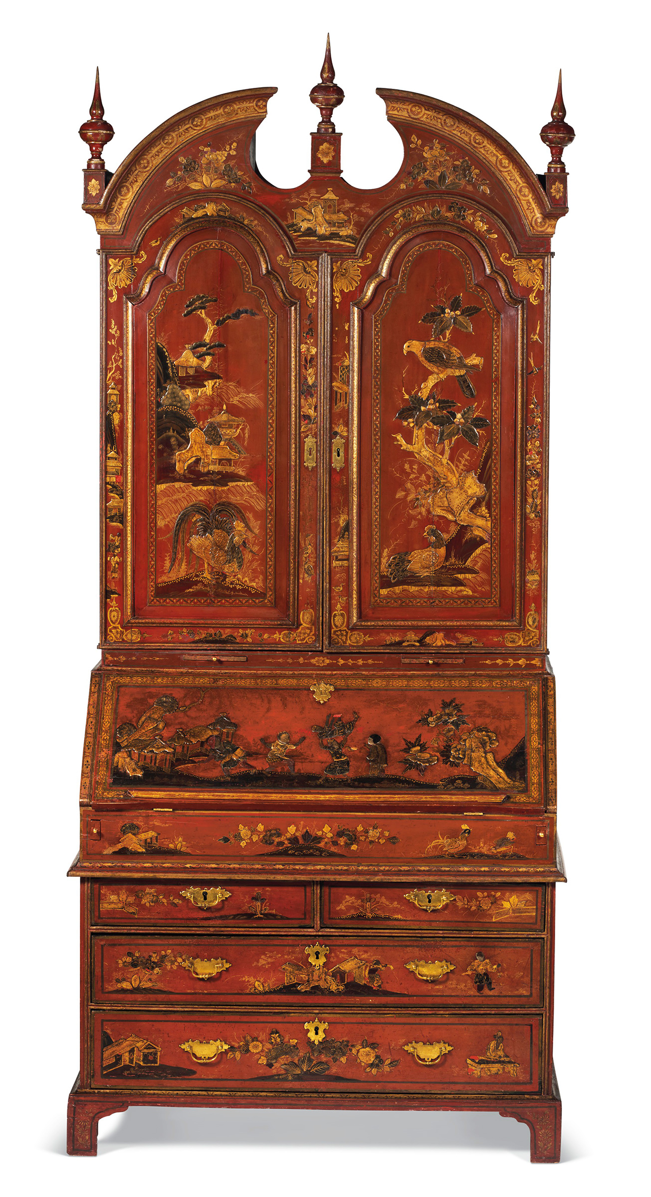 A George I scarlet, gilt and black japanned bureau cabinet. Attributed to Giles Grendey, c. 1725-30. 94½ in (240 cm) high; 42 in (107 cm) wide; 23¼ in (59 cm) deep. Sold for $150,000 on 30 March 2021 at Christie’s in New York