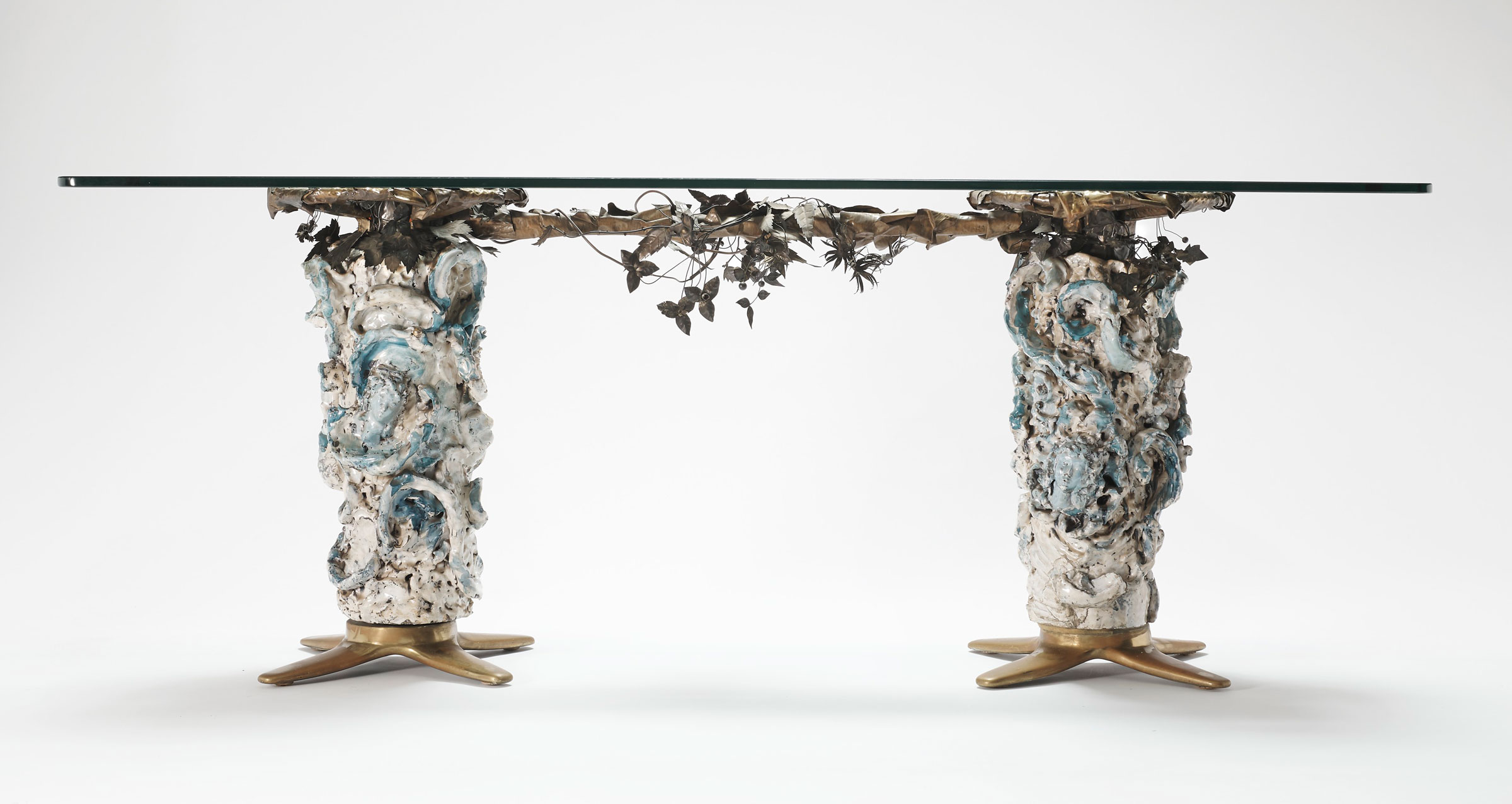 Fausto Melotti (1901-1986), Table, c. 1950. Glazed ceramic, brass and crystal.&nbsp;76.5 x 154 x 45 cm (base). Sold for &euro;93,750 on 6 May 2021, Online. Artwork: © Fausto Melotti, DACS 2021
