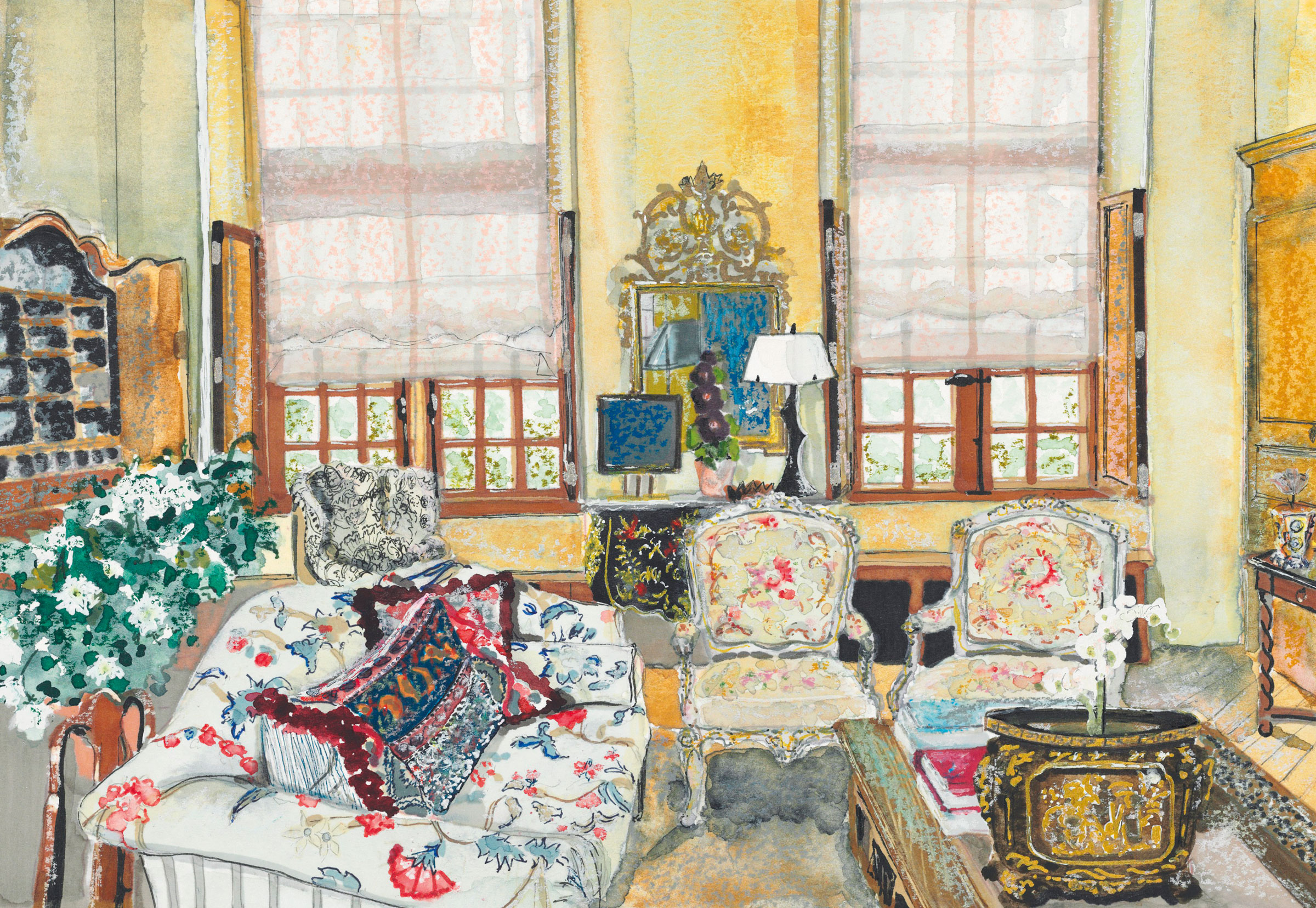 Le grand salon at La Carlière featuring The Collector: Live lots 10, 68 and 291 and haute cushions on the sofa by La Carlière. Painting by @sjaxelby. Inspired by photography of La Carlière by © Billal Taright